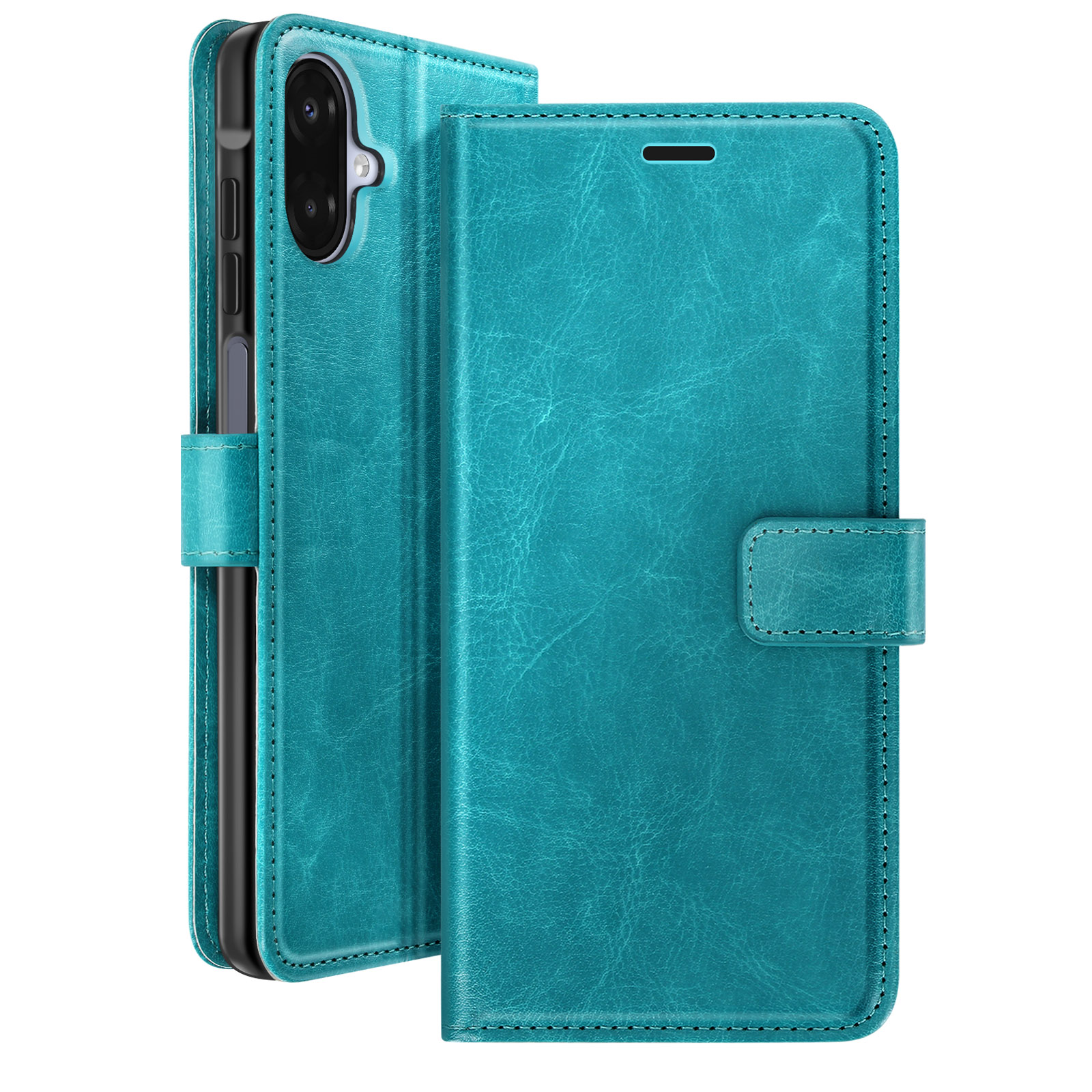 Étui de téléphone turquoise, texture cuir, avec rabat et fermeture à bouton. Téléphone à l'intérieur visible.