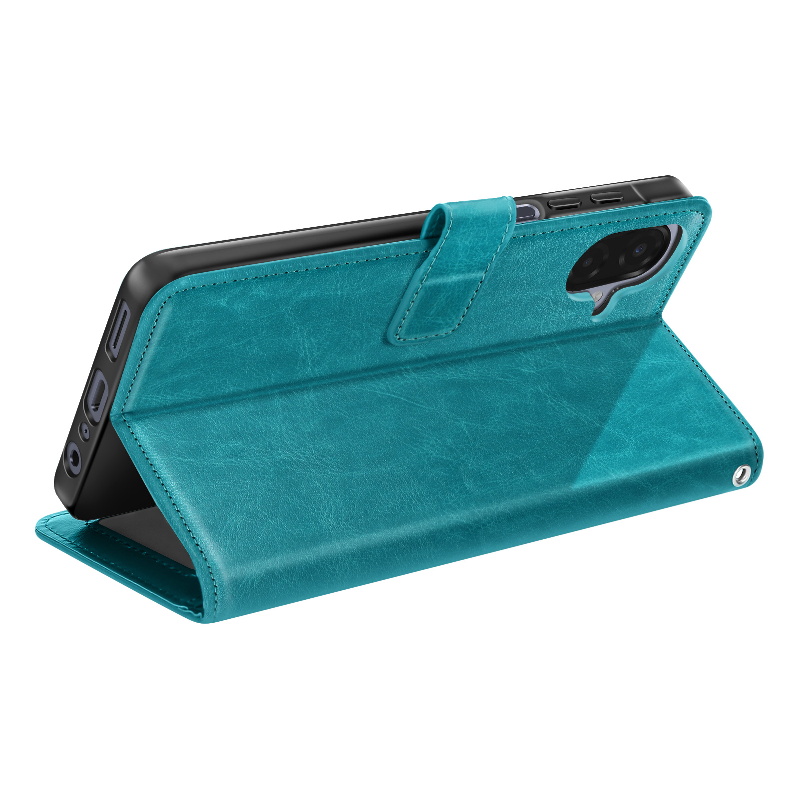 Un étui de téléphone bleu sarcelle avec un téléphone à l'intérieur est affiché, montrant la caméra et les boutons du téléphone.
