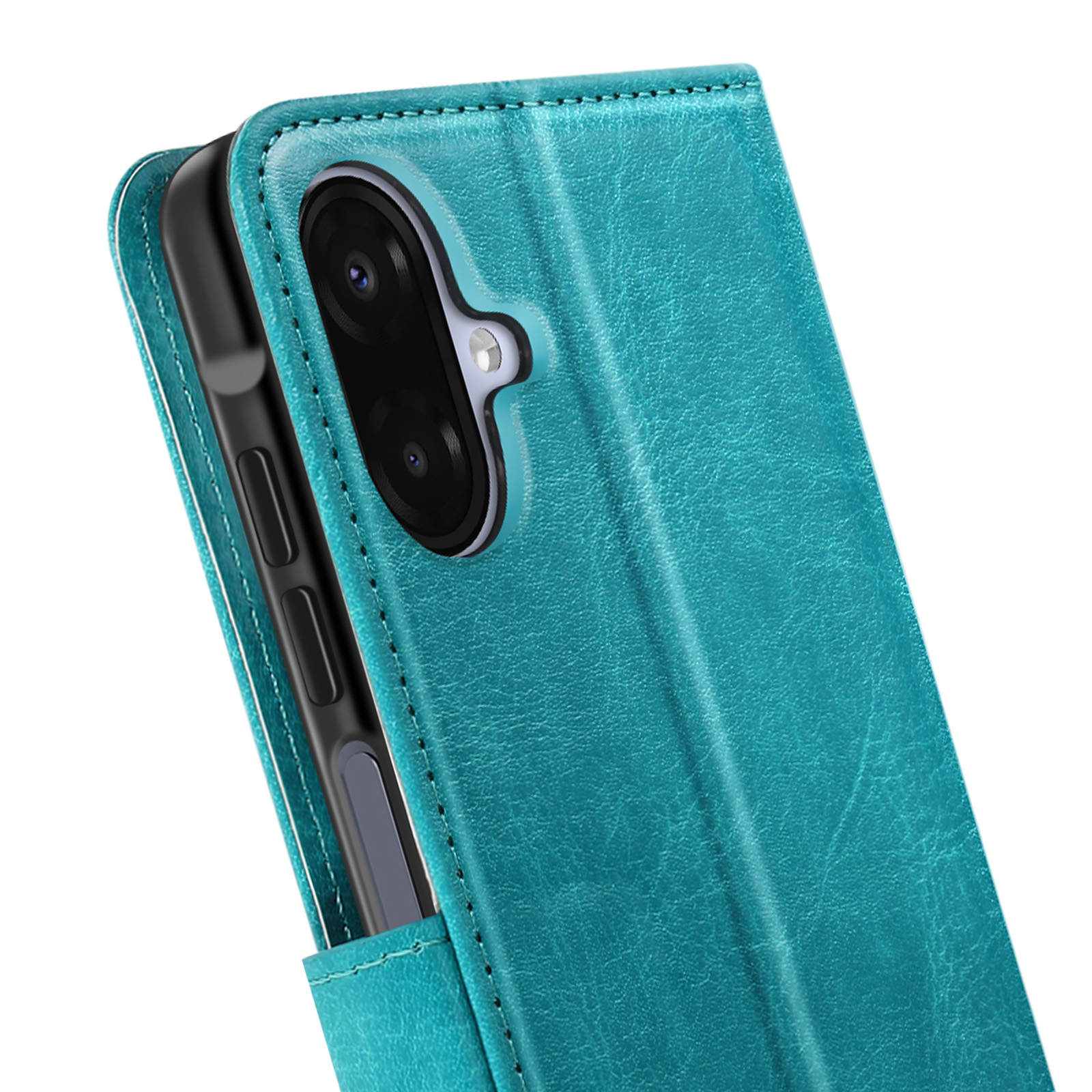 Un étui de téléphone bleu turquoise avec un téléphone à l'intérieur. L'étui est ouvert, révélant la caméra et les boutons du téléphone.