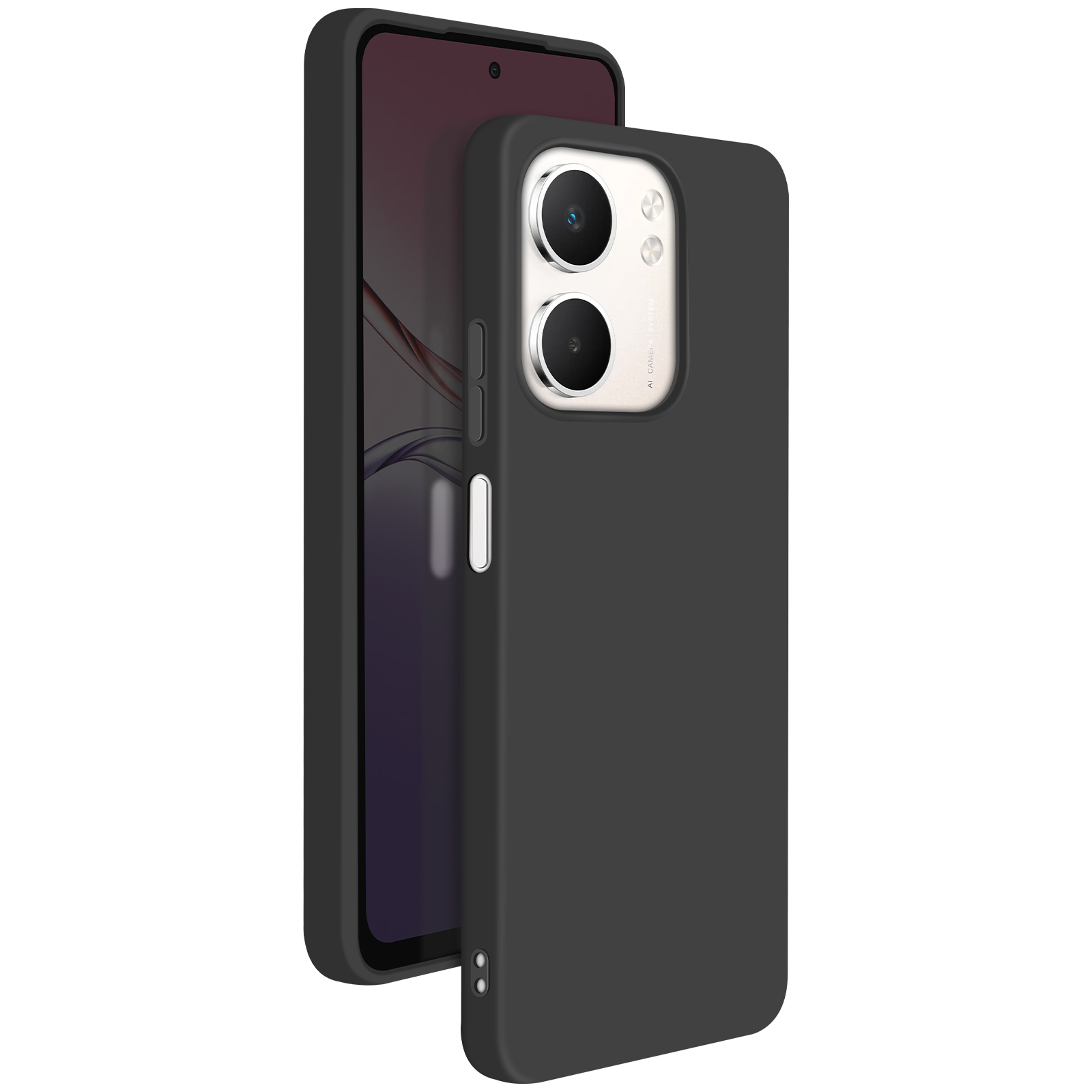 Un telefono nero in una custodia nera. Il telefono è parzialmente visibile, mostrando lo schermo. La custodia ha fori per la fotocamera.