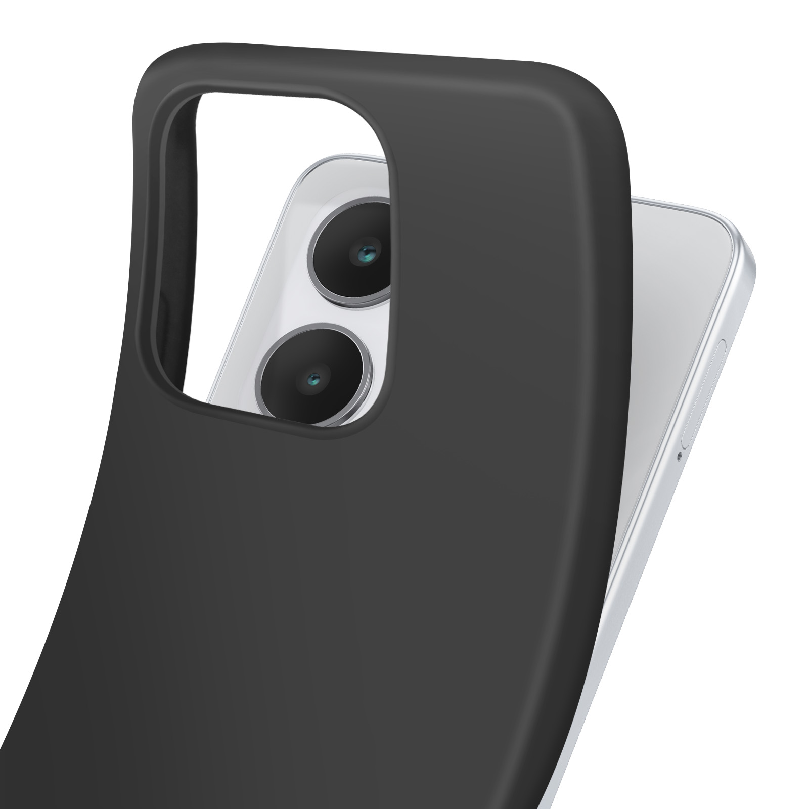 Una custodia nera copre parzialmente un telefono con due obiettivi. Il telefono è argento e bianco.