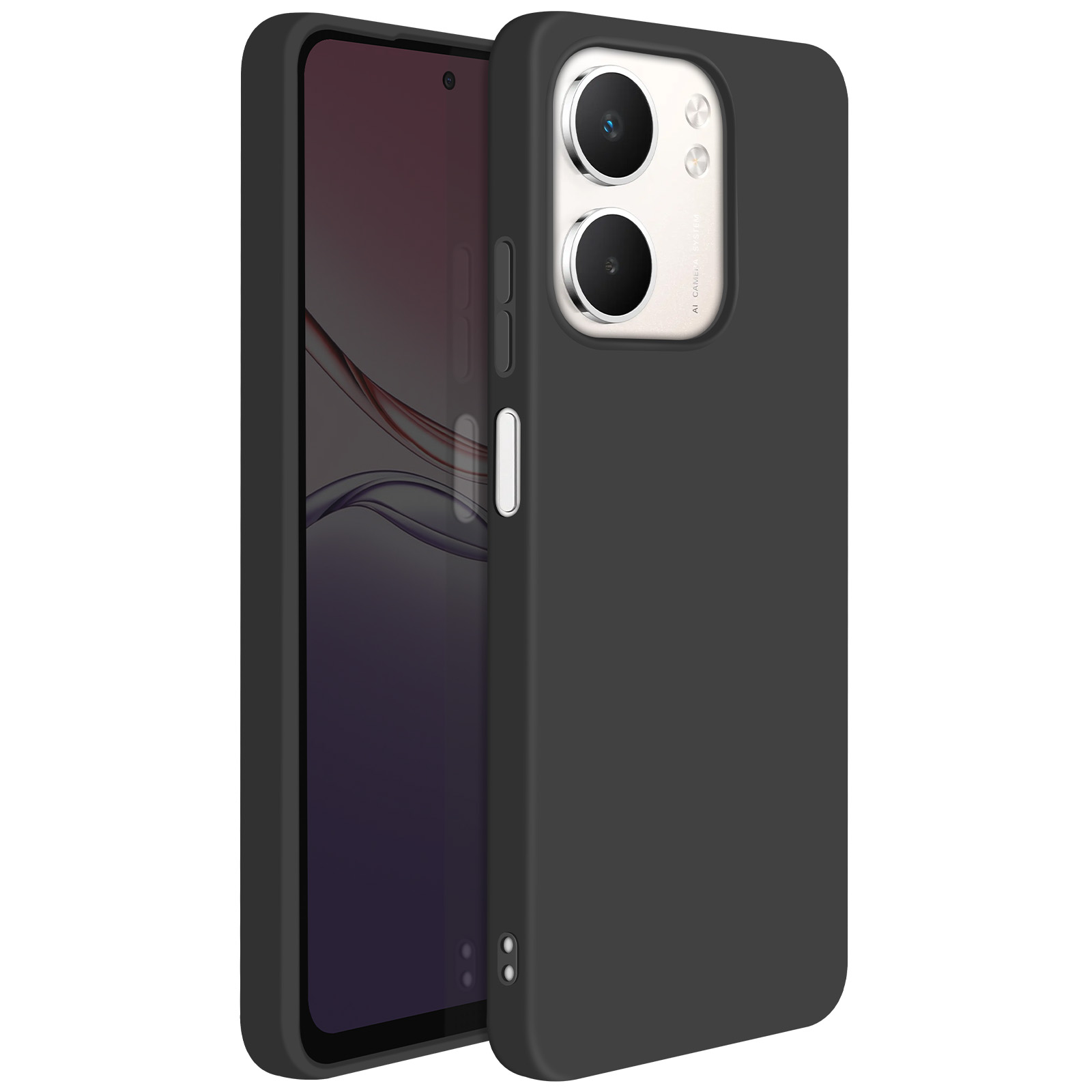Una custodia nera per telefono con un telefono all'interno. Il telefono ha uno schermo e una fotocamera. Lo sfondo è bianco.