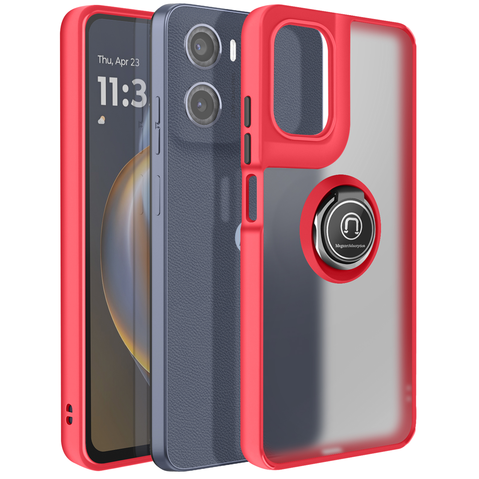 Trois étuis de téléphone : rouge, bleu et transparent. L'étui rouge entoure le téléphone avec l'heure affichée. L'étui bleu a des caméras.