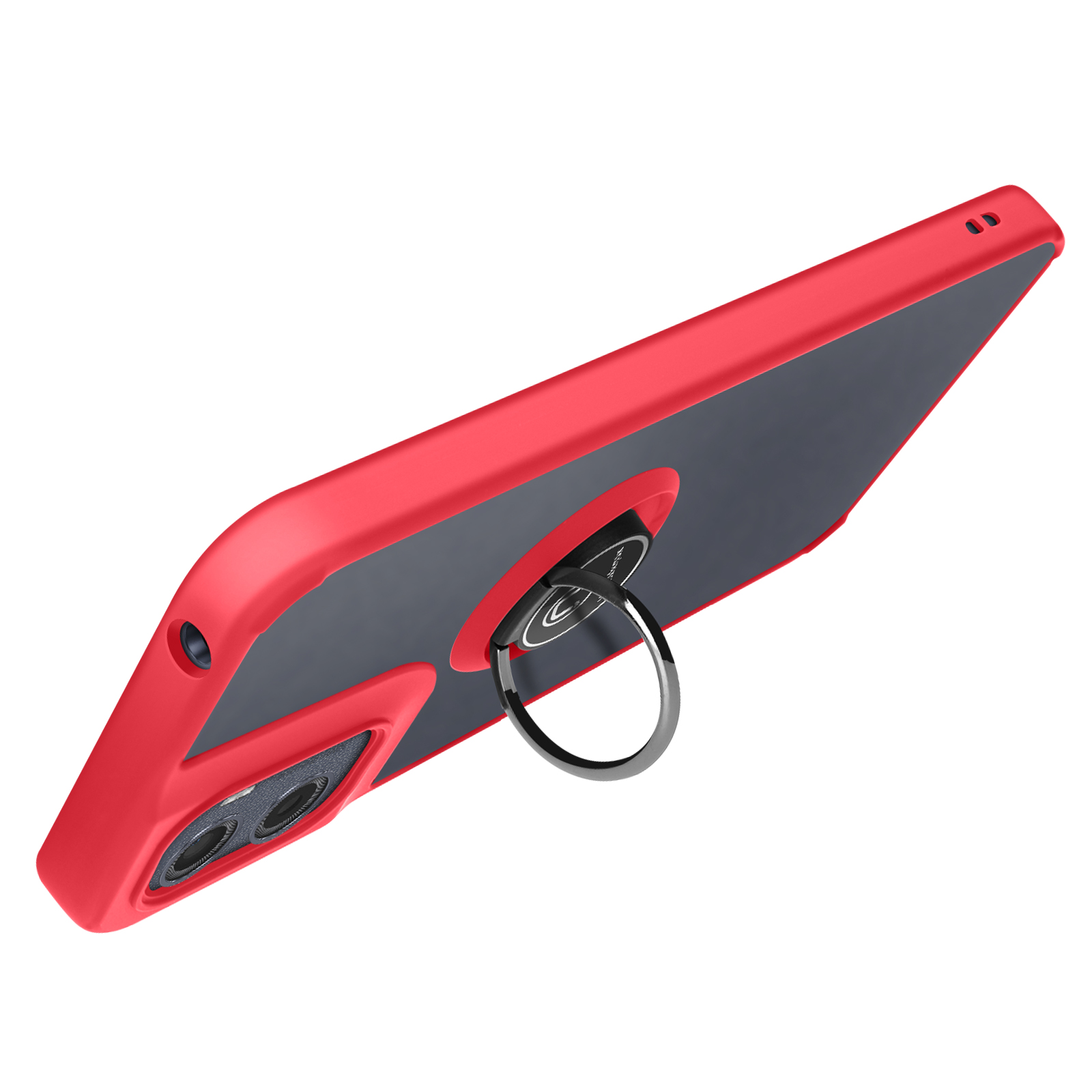 Coque de téléphone rouge avec dos noir et support d'anneau argenté. Double caméra visible. Fond blanc.