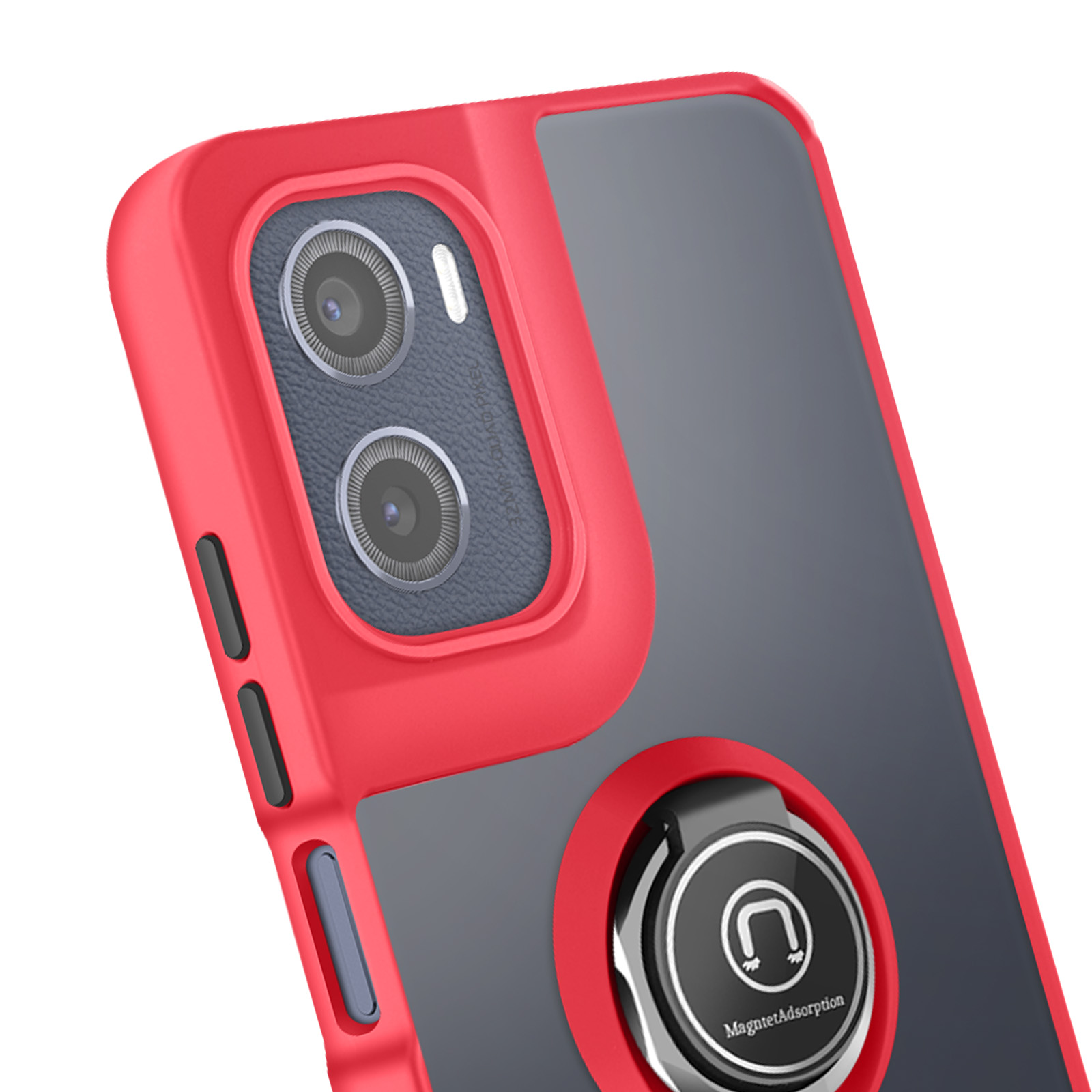 Un étui de téléphone rouge avec un dos et une caméra gris. Il possède un support d'anneau. L'étui est incliné vers la caméra.