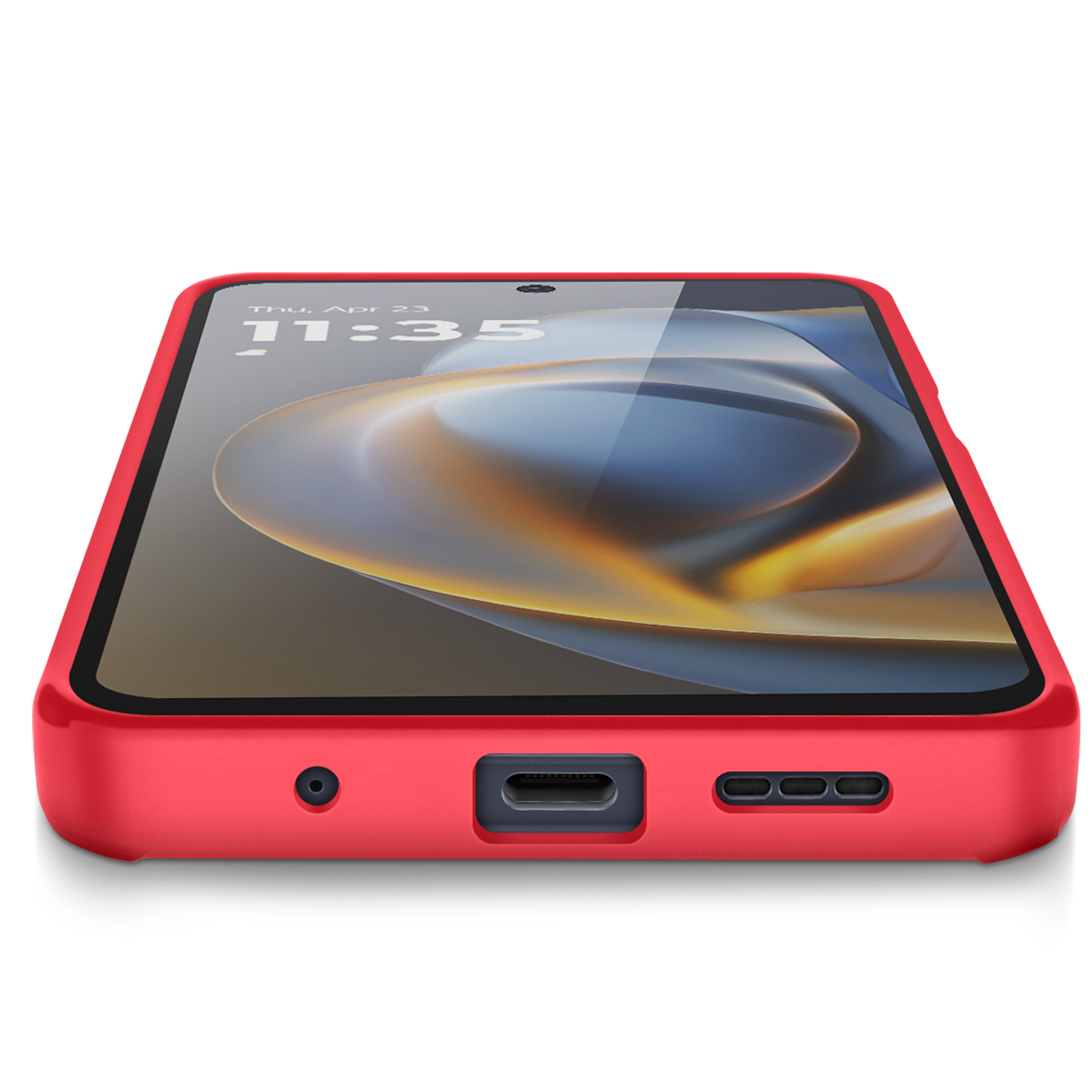 Un téléphone rouge avec un écran affichant 11:35 et un étui de protection rouge. Le téléphone est incliné sur une surface blanche.