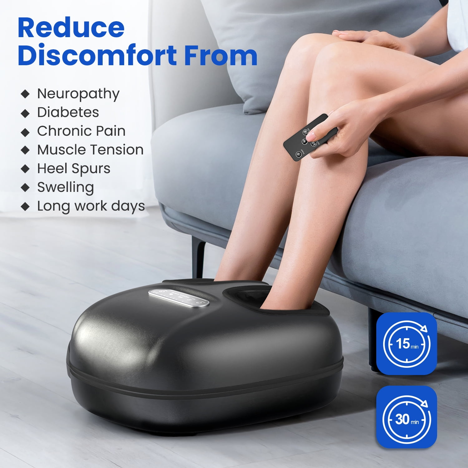 Eine Person benutzt ein Fußmassagegerät. Text: Reduzieren Sie Beschwerden von... Neuropathie, Diabetes, chronischen Schmerzen. Icons: 15 Min., 30 Min.