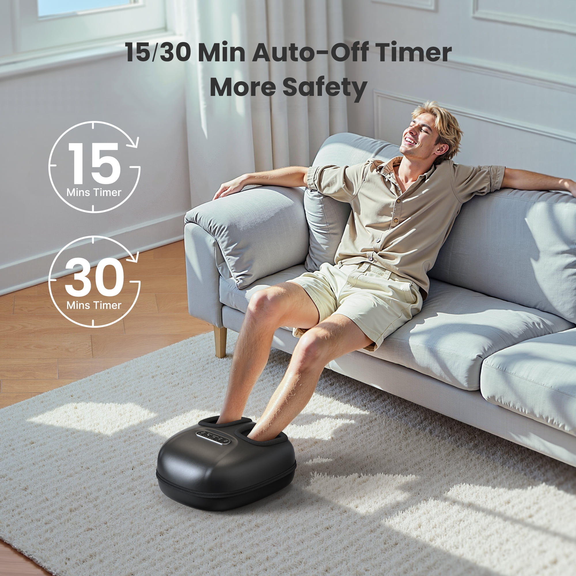Ein Mann entspannt sich auf einem Sofa mit den Füßen in einem Fußmassagegerät. Text: '15/30 Min. Auto-Off-Timer'.