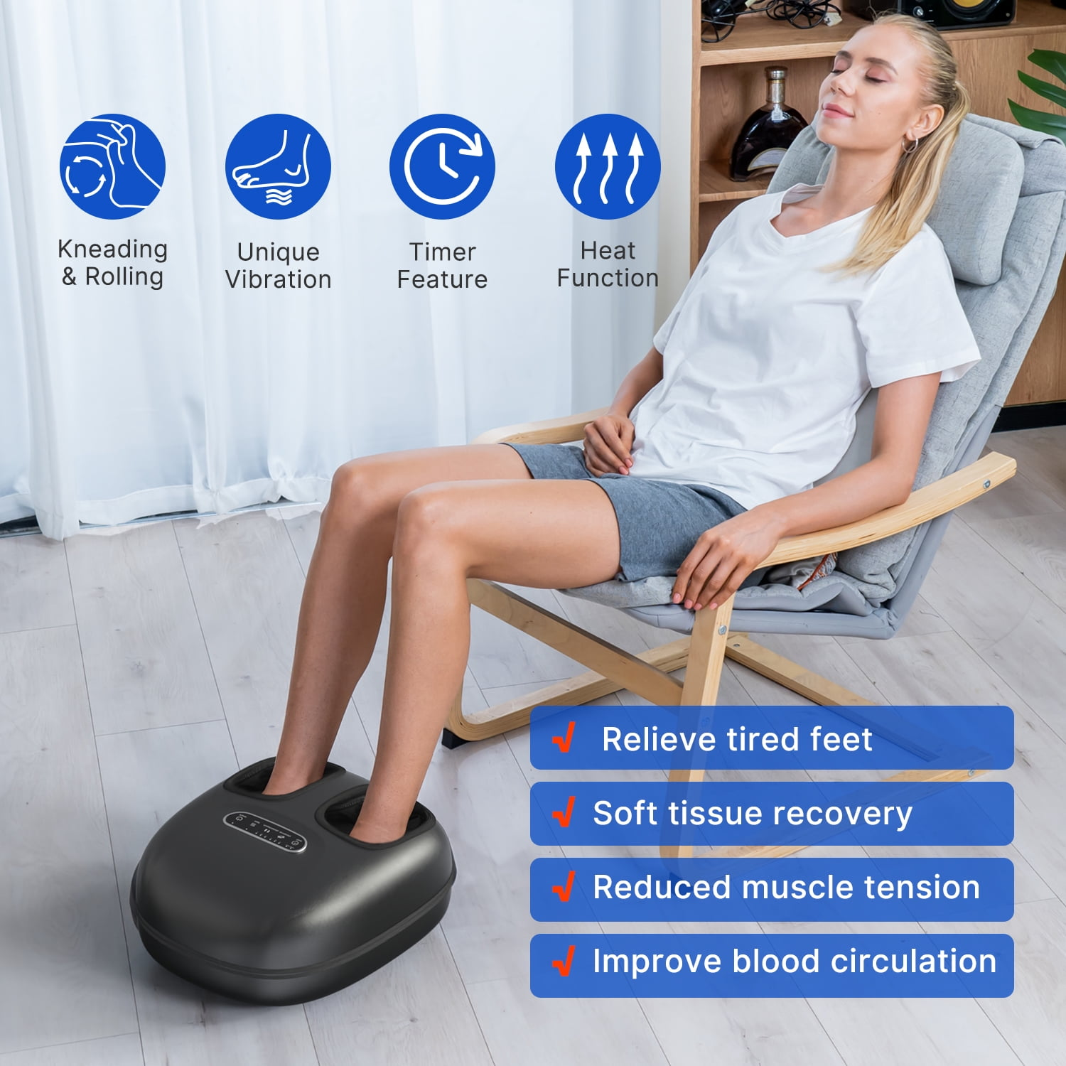 Eine Frau entspannt sich in einem Stuhl mit einem Fußmassagegerät. Merkmale sind Kneten, Vibration, Timer und Wärme. Vorteile sind aufgelistet.