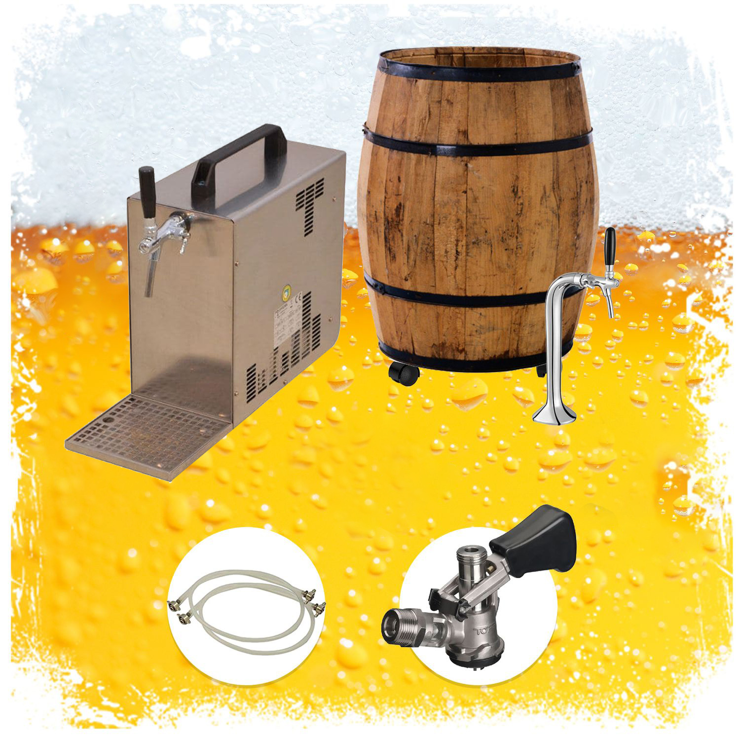 Ein Bierfass, ein Bierausgabegerät aus Edelstahl, ein Zapfhahn, Schläuche und ein Stecker sind auf gelbem Hintergrund angeordnet.