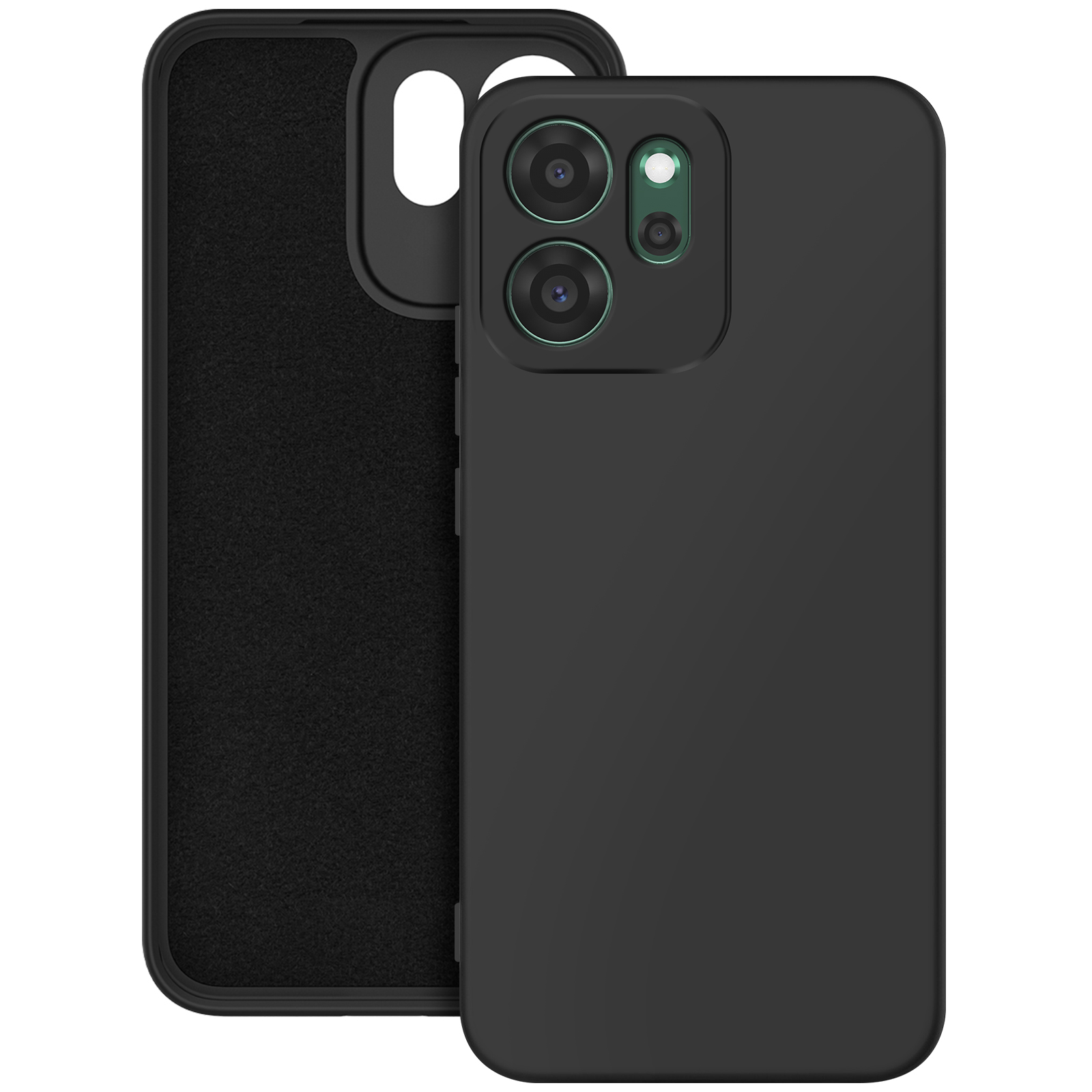 Custodia nera per telefono con fori per fotocamera, aperta per rivelare un interno in feltro nero. La custodia è angolata.