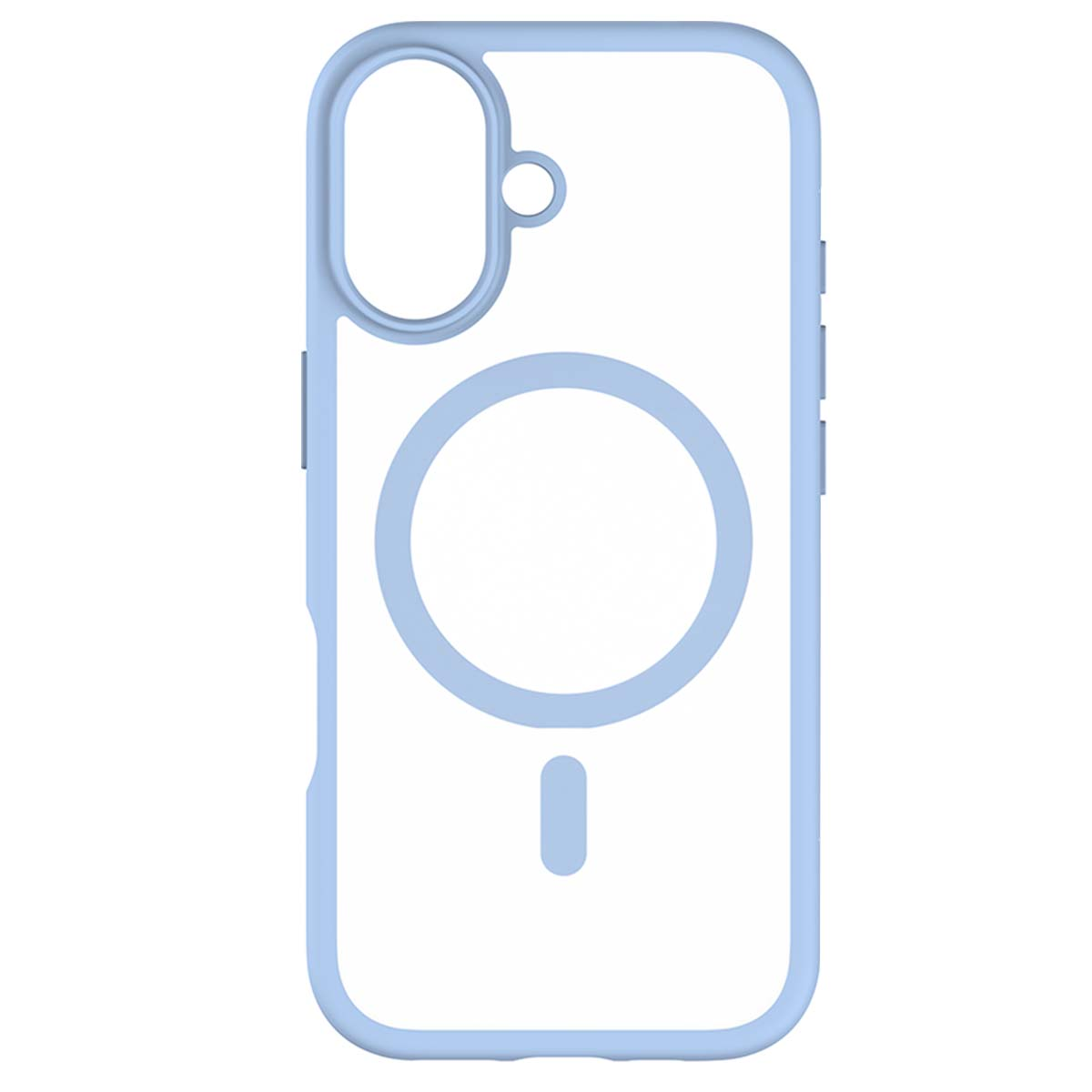 Una custodia per telefono azzurra con centro trasparente e foro per fotocamera. C'è un cerchio e un segno meno.