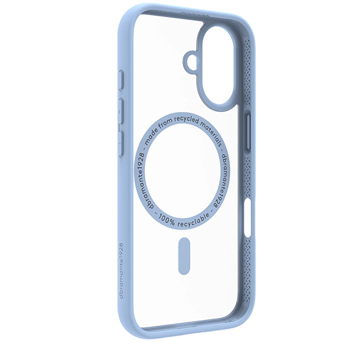 Una custodia per telefono azzurra realizzata con materiali riciclati. Ha un centro trasparente e la scritta 'dbrand1928' e '100% riciclabile'.