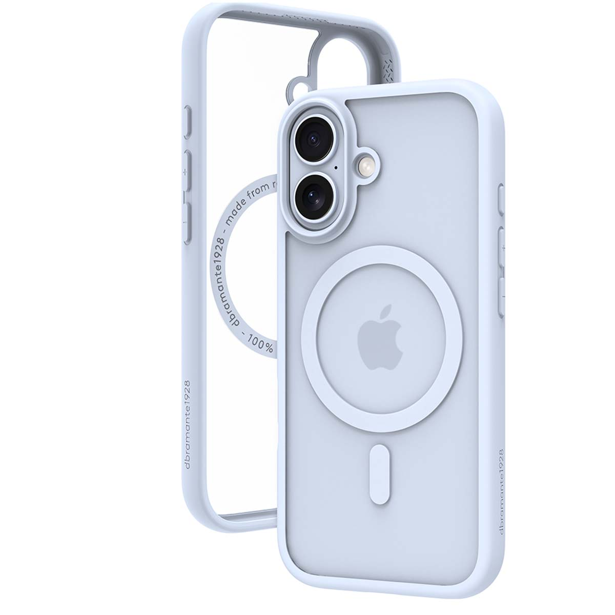 Une coque de téléphone bleu clair avec un logo Apple, un dos transparent et un cadre blanc. La coque est sur fond blanc.