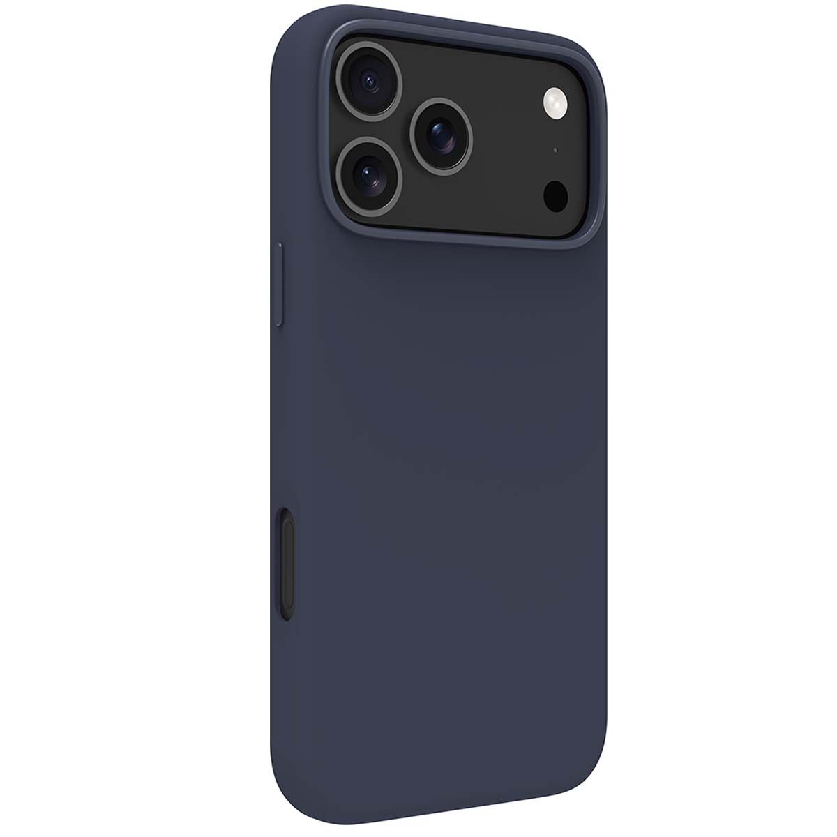 Una custodia blu navy per telefono. Ha tre obiettivi e un flash. La custodia copre la parte posteriore e i lati del telefono.