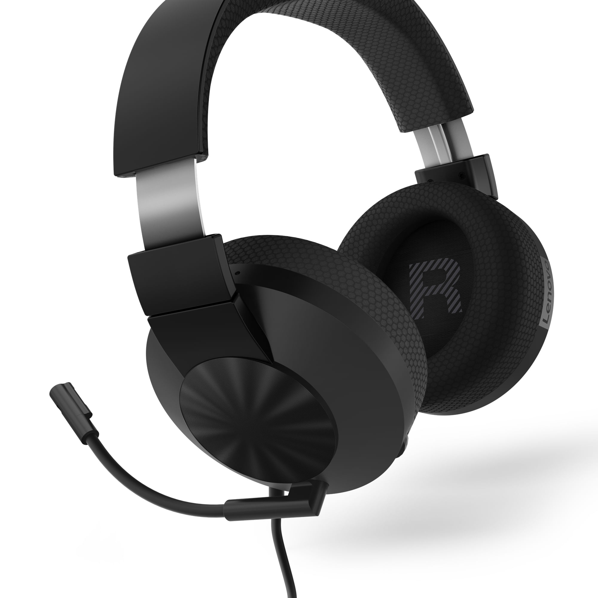Auriculares Lenovo negros con micrófono. El auricular derecho tiene una R. Banda plateada visible. Fondo blanco.