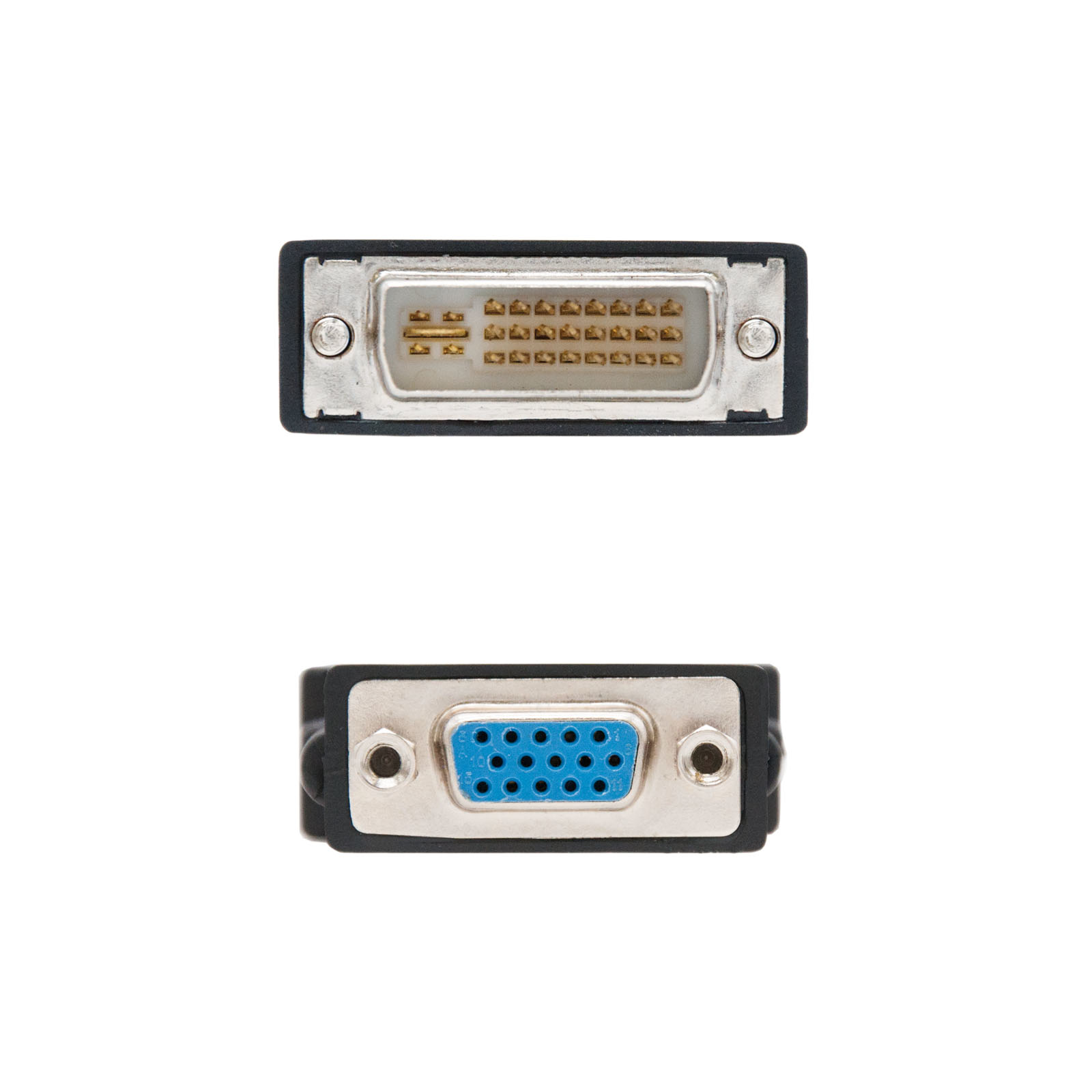 Dos conectores de cable de computadora: un conector DVI en la parte superior y un conector VGA en la parte inferior, sobre fondo blanco.