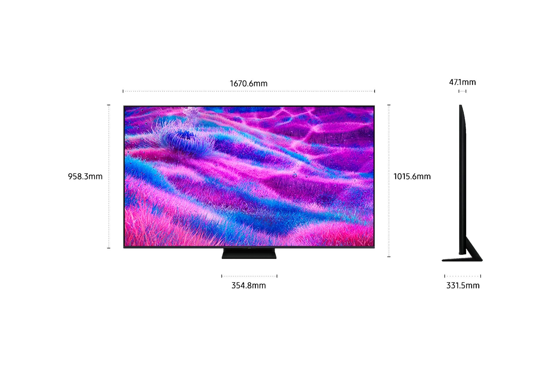 Wymiary telewizora: 1670,6 mm x 958,3 mm x 47,1 mm. Wyświetla kolorowy, abstrakcyjny obraz z różowymi, fioletowymi i niebieskimi odcieniami.
