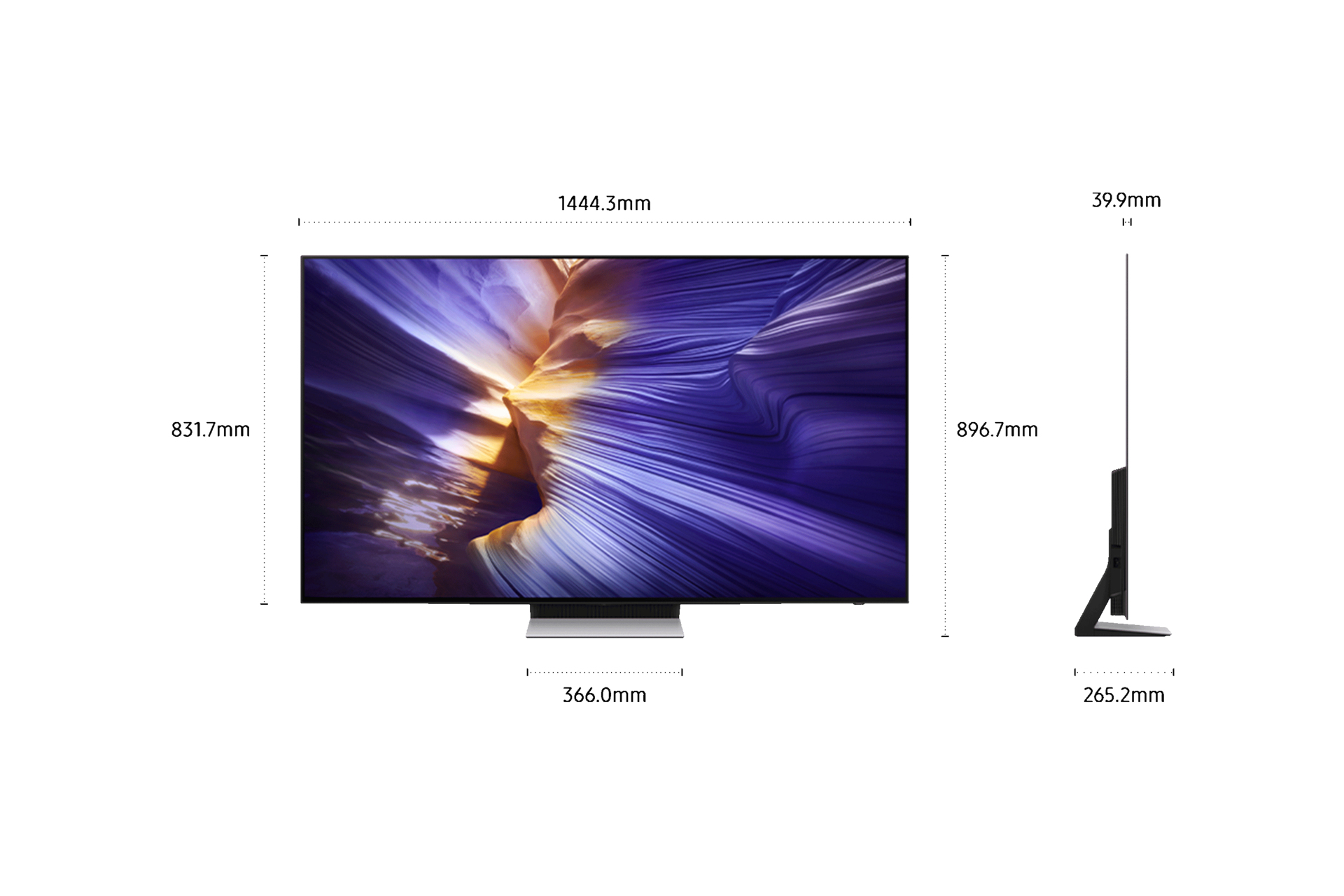Tv-scherm met paarse en gele display, afmetingen worden getoond, inclusief breedte, hoogte en diepte, witte achtergrond.