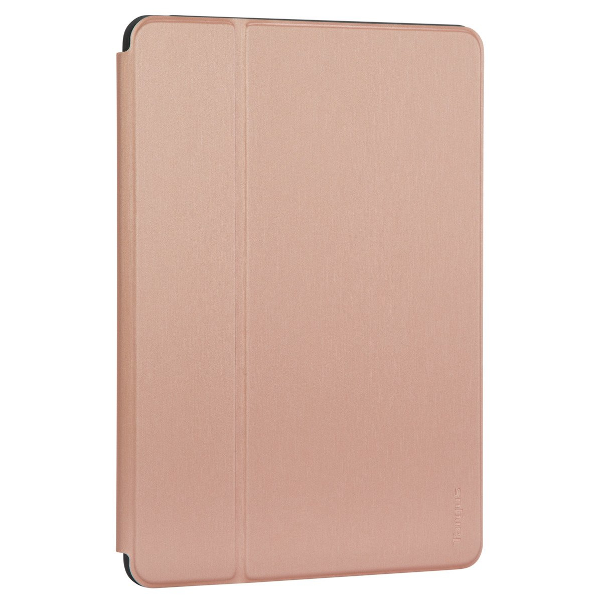 Eine roségoldene Tablethülle mit strukturierter Oberfläche. Die Hülle ist geschlossen und hat einen schwarzen Rand. Das Targus-Logo ist sichtbar.