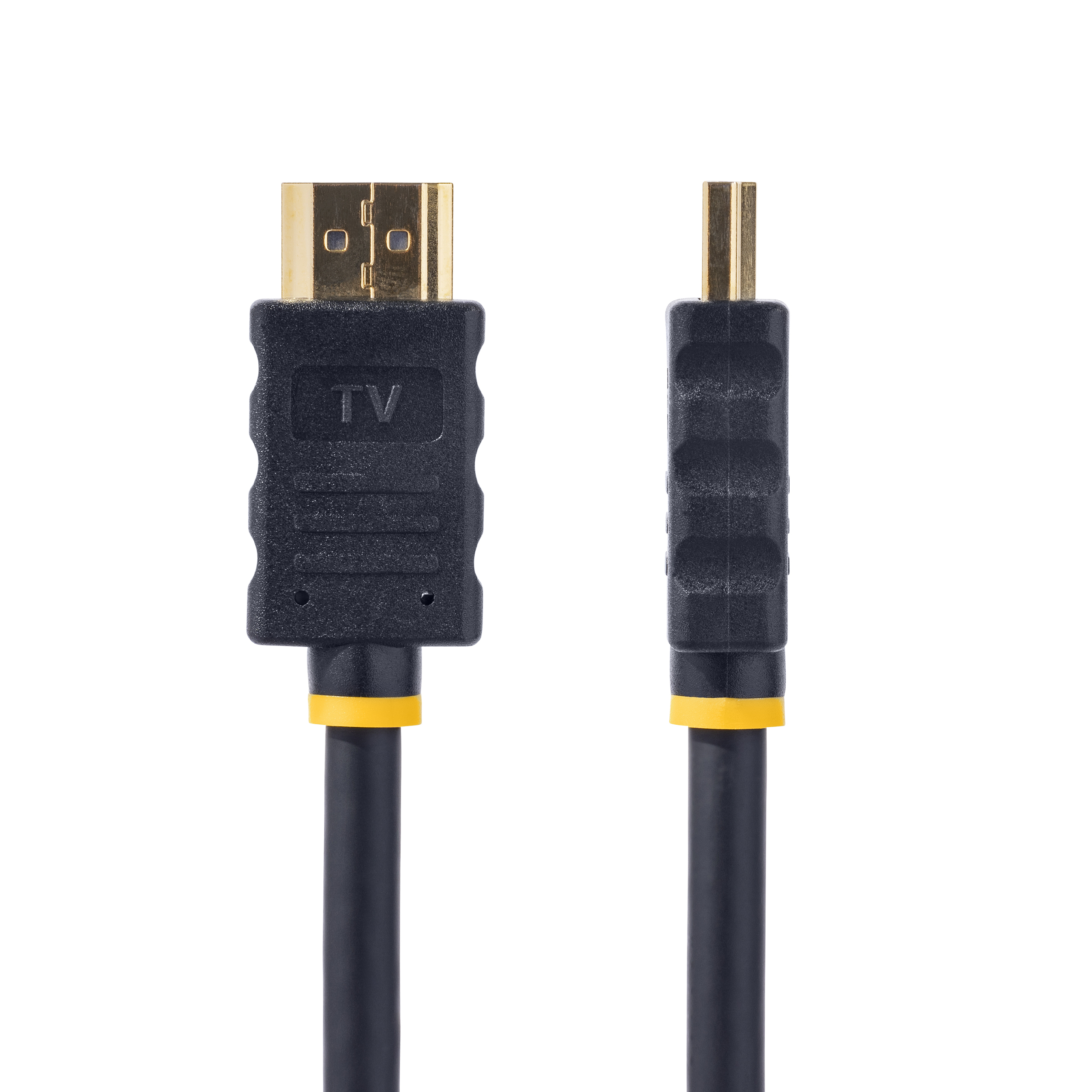 Zwei schwarze HDMI-Kabel mit goldenen Steckern. Eines mit 'TV' beschriftet. Gelbe Akzente.