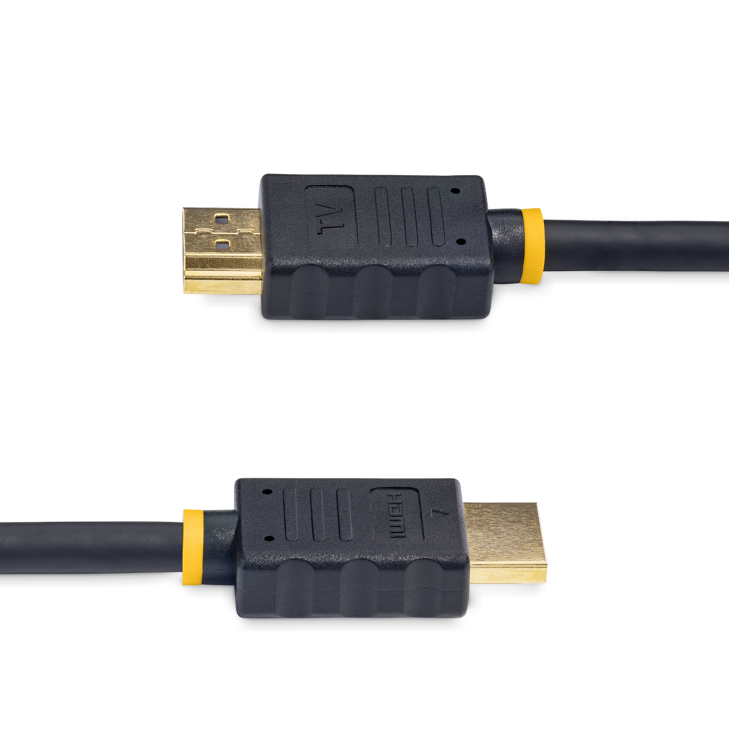 Zwei schwarze HDMI-Kabel mit goldenen Steckern. Die Stecker haben Aufkleber. Gelbe Ringe an den Kabeln.