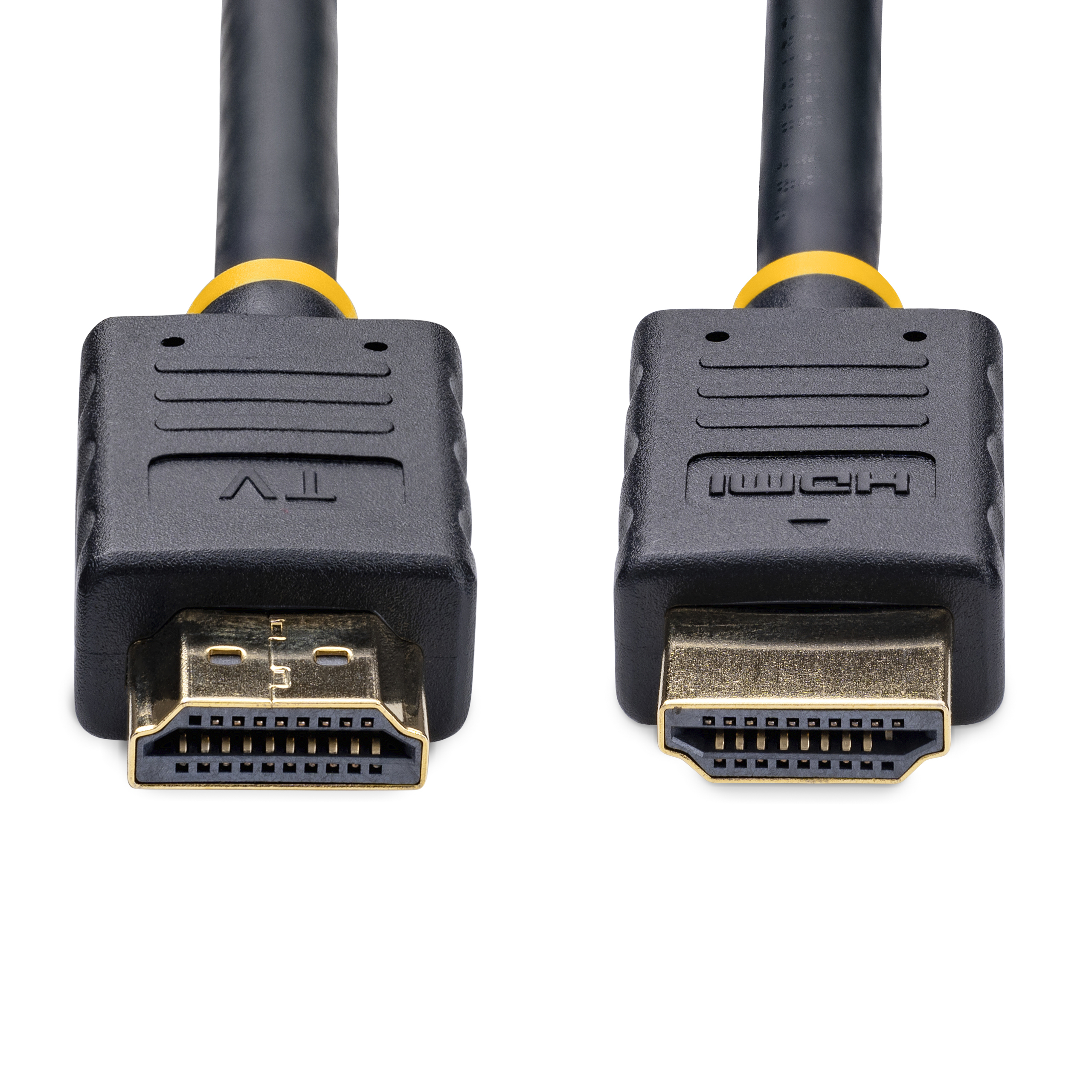 Zwei schwarze HDMI-Kabel mit goldenen Steckern. Der Hintergrund ist weiß. Eines liest TV, das andere HDMI.