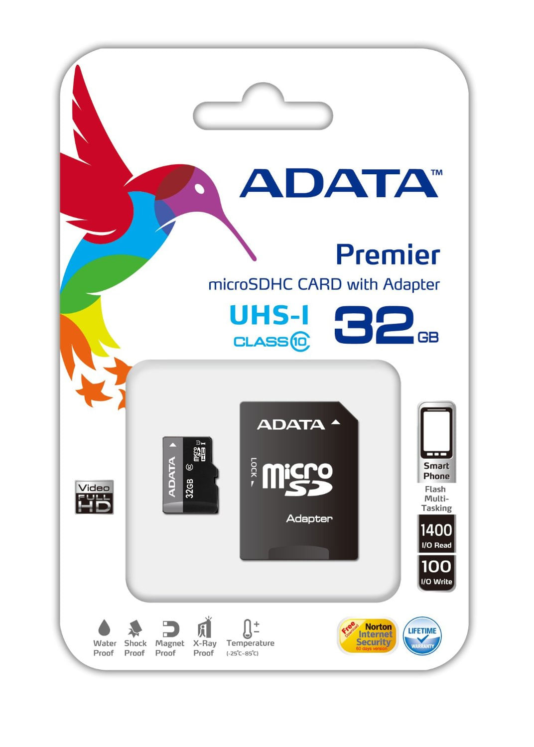 Scheda microSDHC Adata Premier con adattatore. Presenta un logo colorato a forma di colibrì e dettagli.