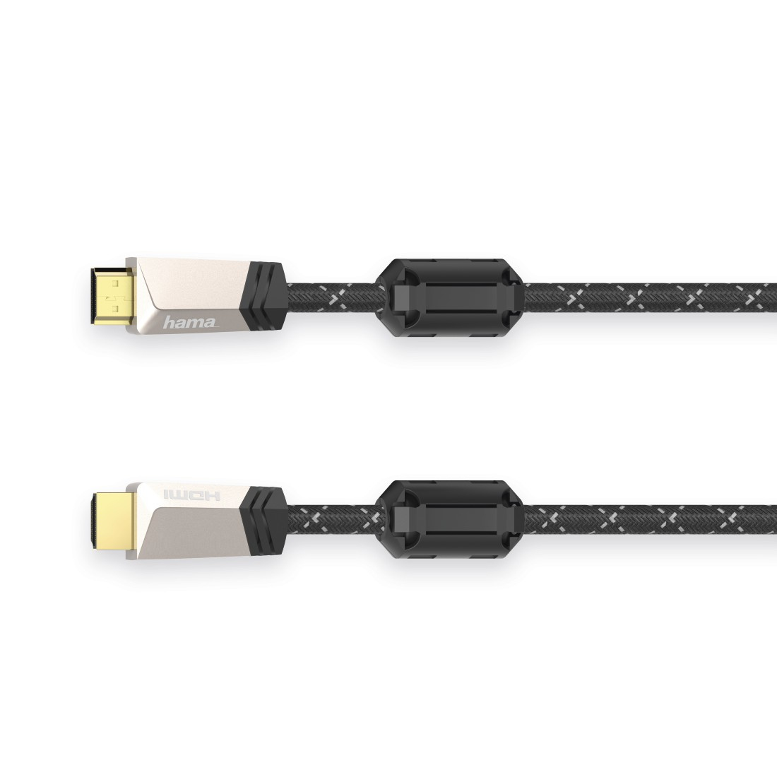 Dwa kable HDMI. Każdy ma pozłacane złącze i czarno-szary pleciony kabel. Na górnym widnieje nazwa marki 'hama'.