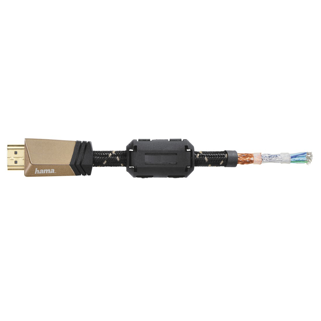 Kabel HDMI ze złotym złączem i czarnym kablem. Koniec kabla jest odsłonięty z wieloma kolorowymi przewodami.
