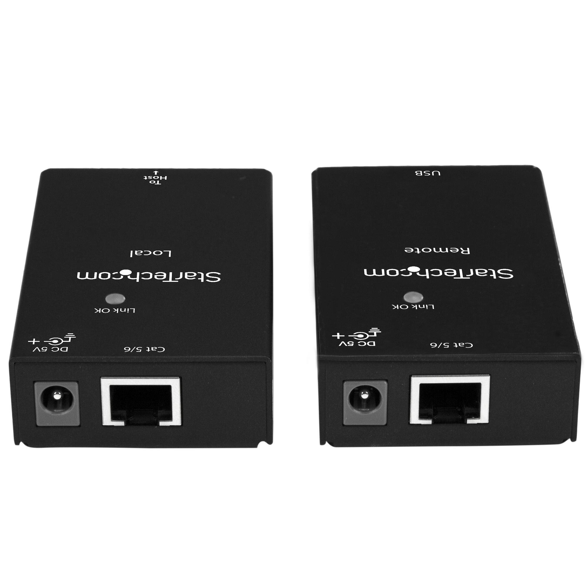 Dos dispositivos negros StarTech con puertos y etiquetas: Local, Remote, USB y DC 5V. Fondo blanco.