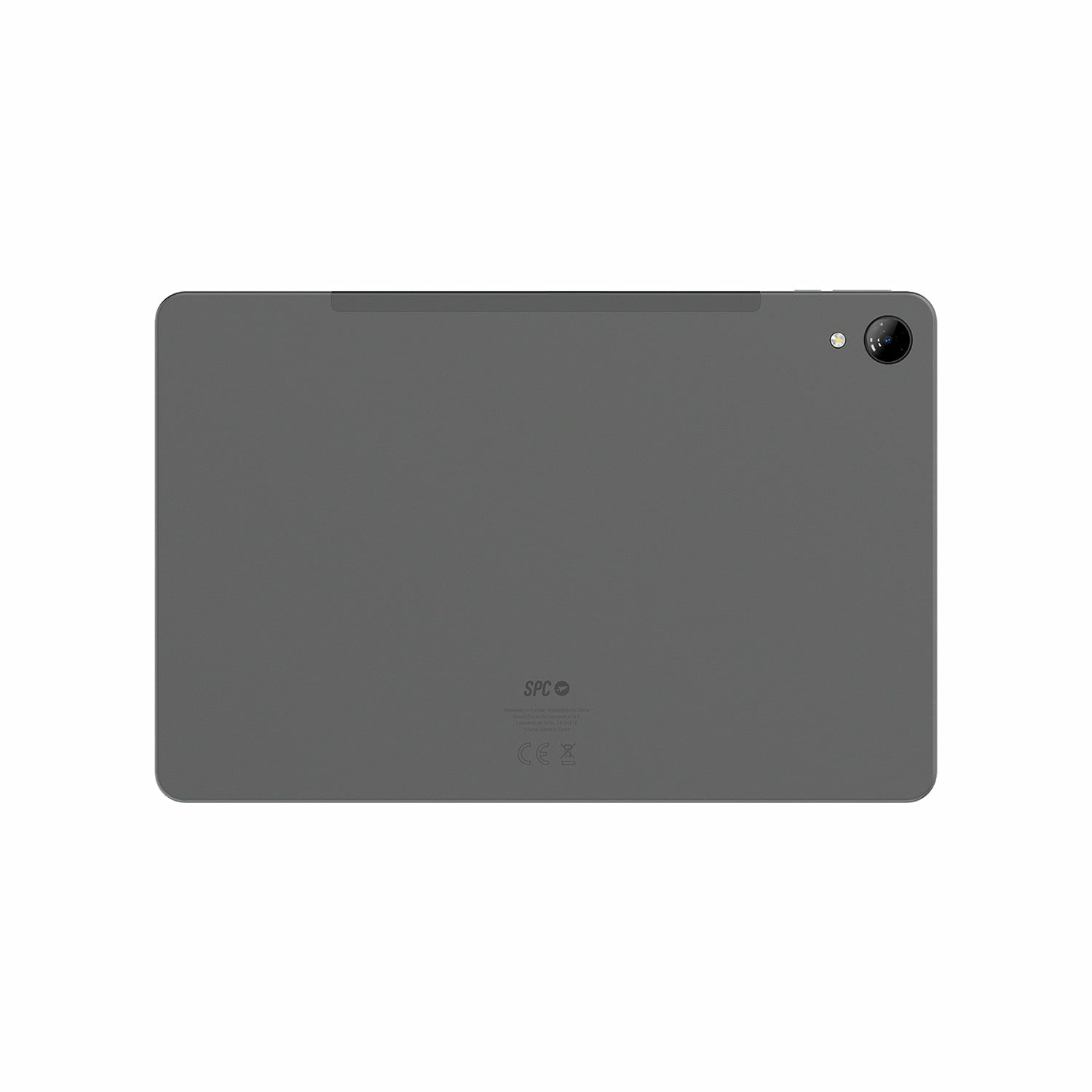 Un tablet grigio con una fotocamera nell'angolo in alto a destra è visualizzato su sfondo bianco.