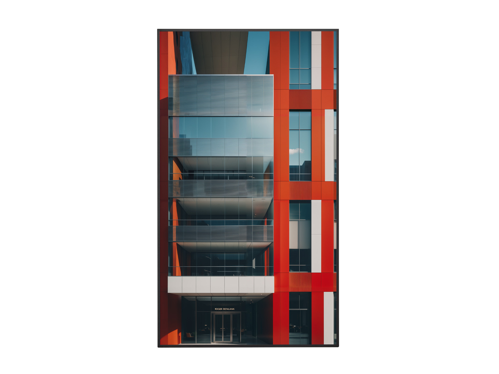 Edificio moderno con pannelli rossi e bianchi, finestre di vetro e cielo limpido riflesso nel vetro.
