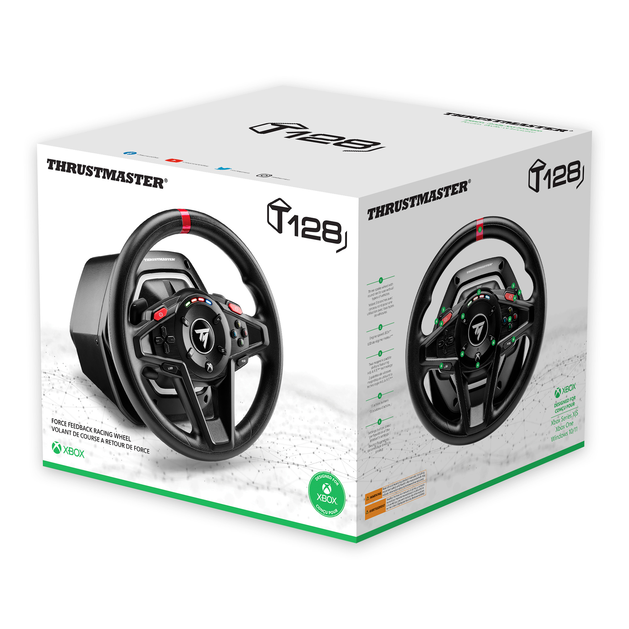 Ein Thrustmaster Xbox-Rennlenkrad wird in seiner Box gezeigt. Die Box zeigt das Lenkrad, das Branding und die Funktionen.