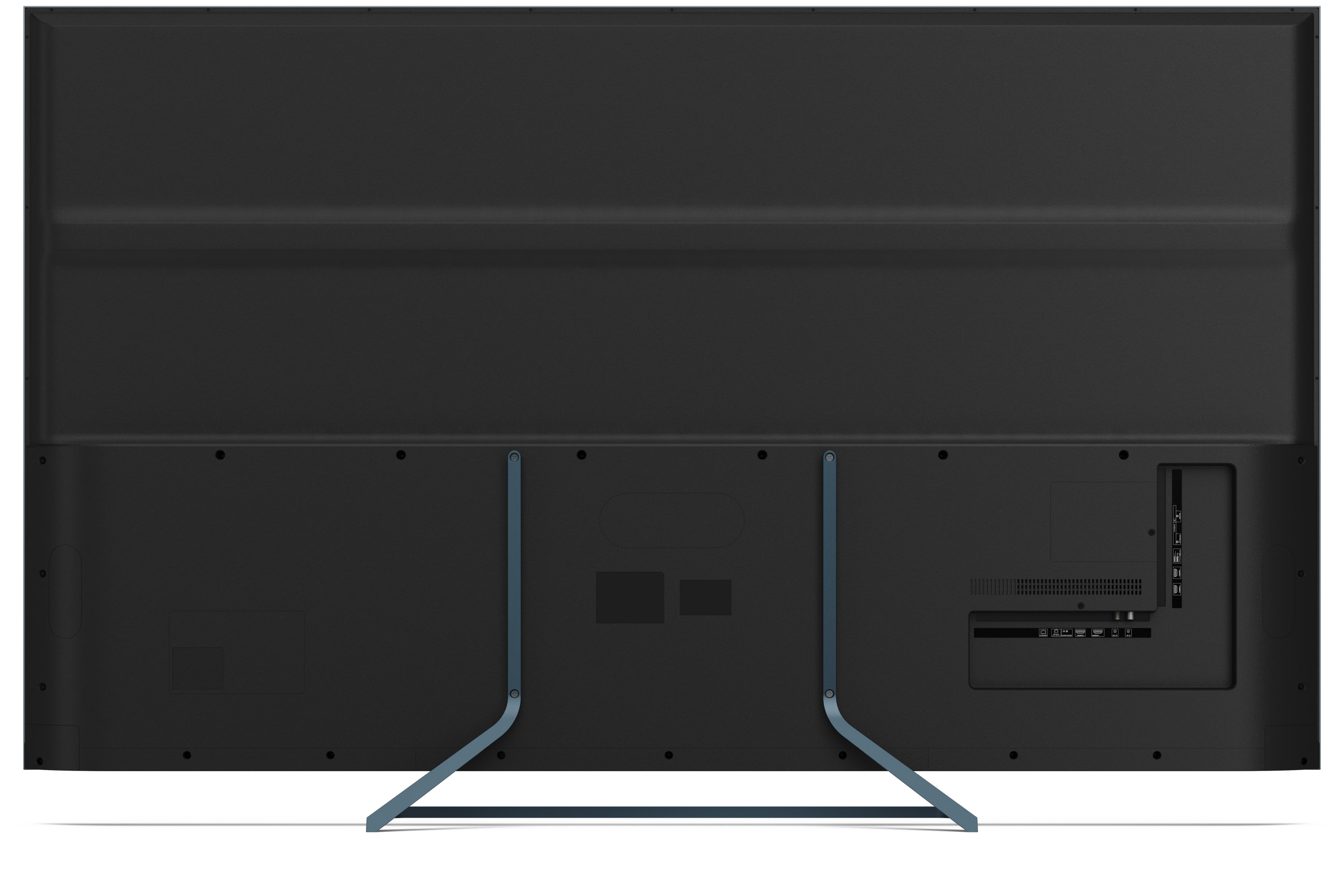 Rückansicht eines großen, schwarzen Fernsehers mit blauem Ständer. Anschlüsse sind rechts sichtbar.