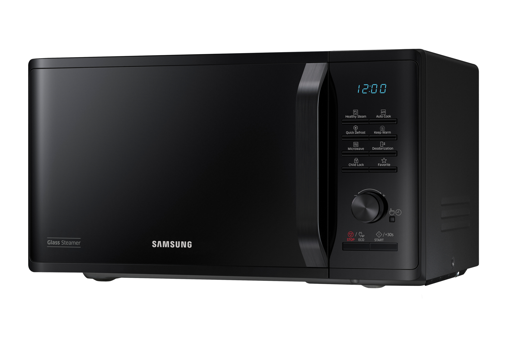 Un forno a microonde Samsung nero. Ha un orologio digitale che mostra le 12:00. Pannello di controllo con opzioni.