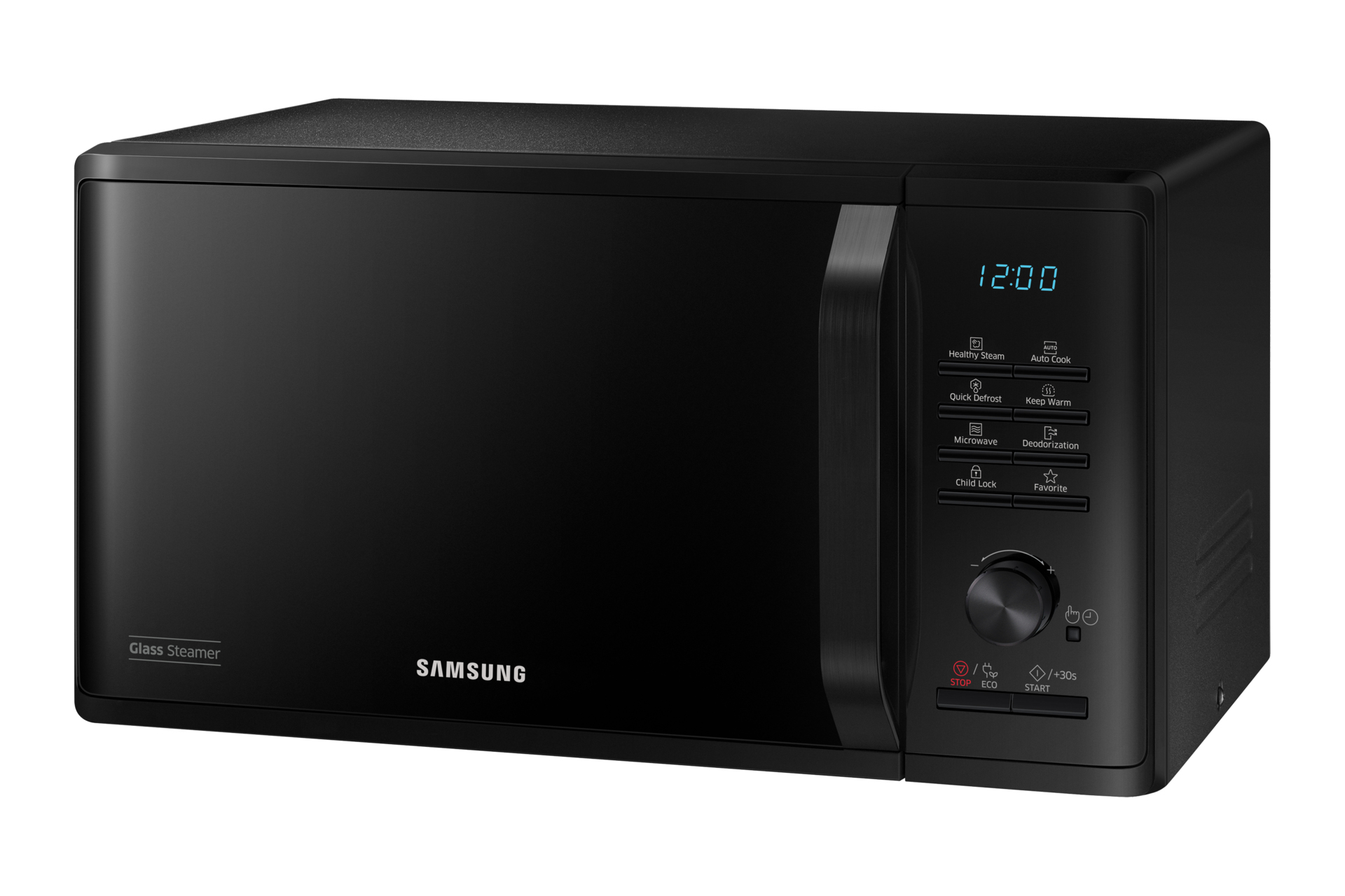 Un forno a microonde Samsung nero. Dispone di orologio digitale, pannello di controllo e logo Samsung.