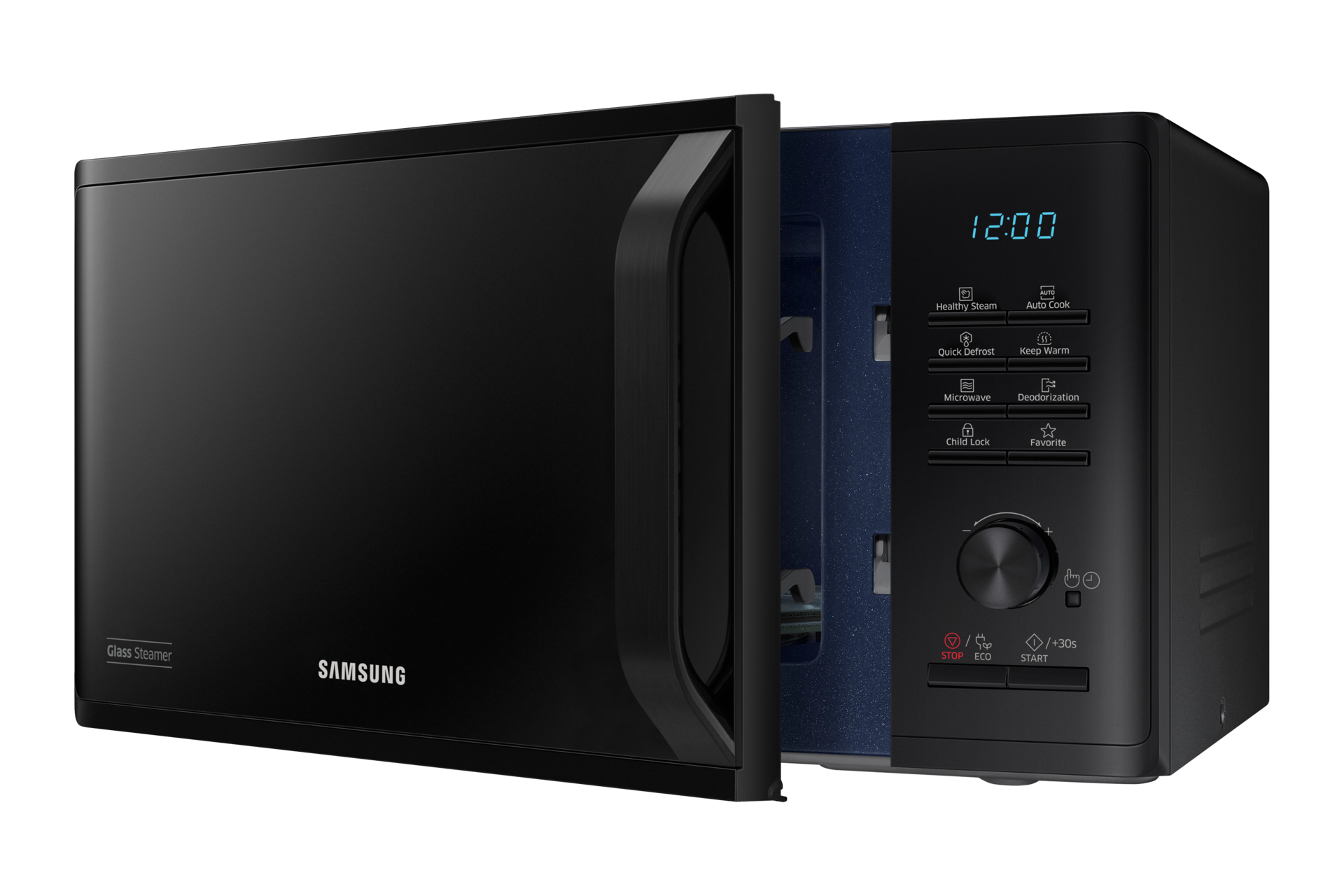 Un forno a microonde Samsung nero con la porta aperta. Ha un orologio digitale e vari pulsanti funzione.