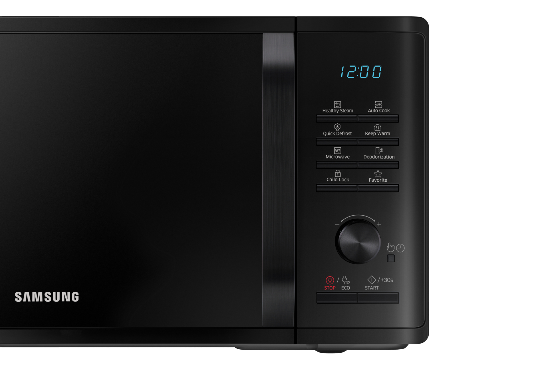 Forno a microonde Samsung nero. L'orologio digitale mostra le 12:00. Caratteristiche: vapore, scongelamento, microonde, blocco bambini, cottura automatica, mantenimento al caldo, deodorazione, preferiti.