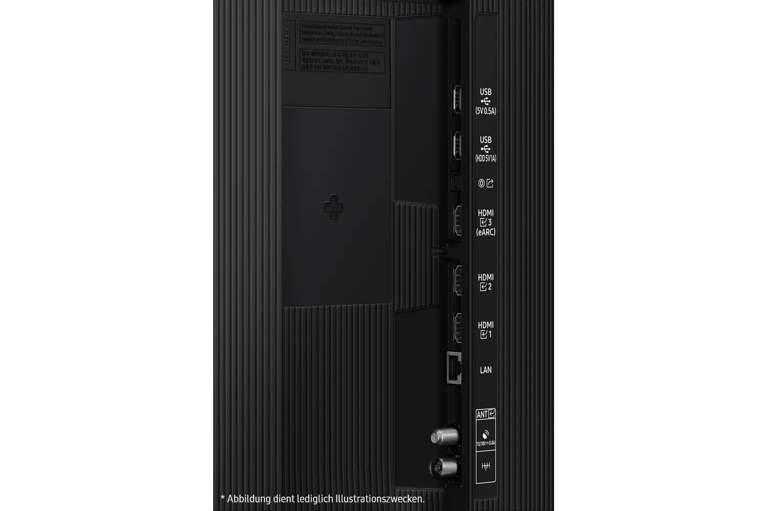 Czarny tylny panel TV z portami: USB, HDMI, LAN i anteną. Widoczne etykiety tekstowe.