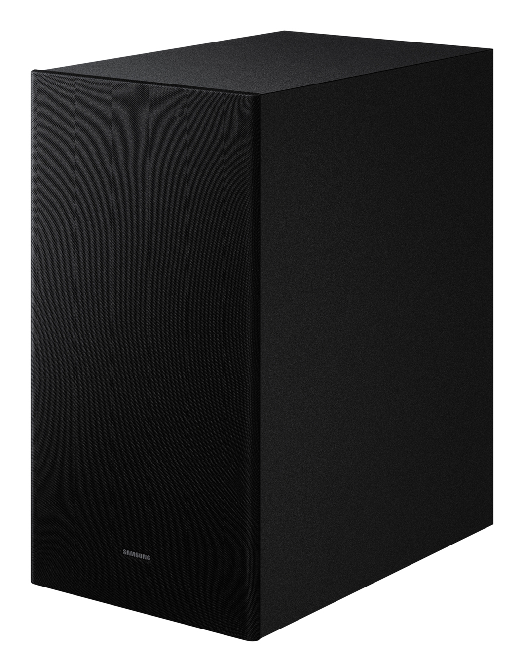 Ein schwarzer, rechteckiger Subwoofer mit strukturierter Oberfläche. Das Samsung-Logo ist sichtbar.