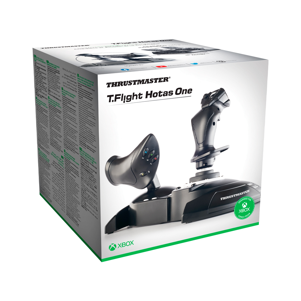 Un joystick Thrustmaster T.Flight Hotas One per Xbox, nella sua scatola. Stick e base neri con logo Xbox verde.