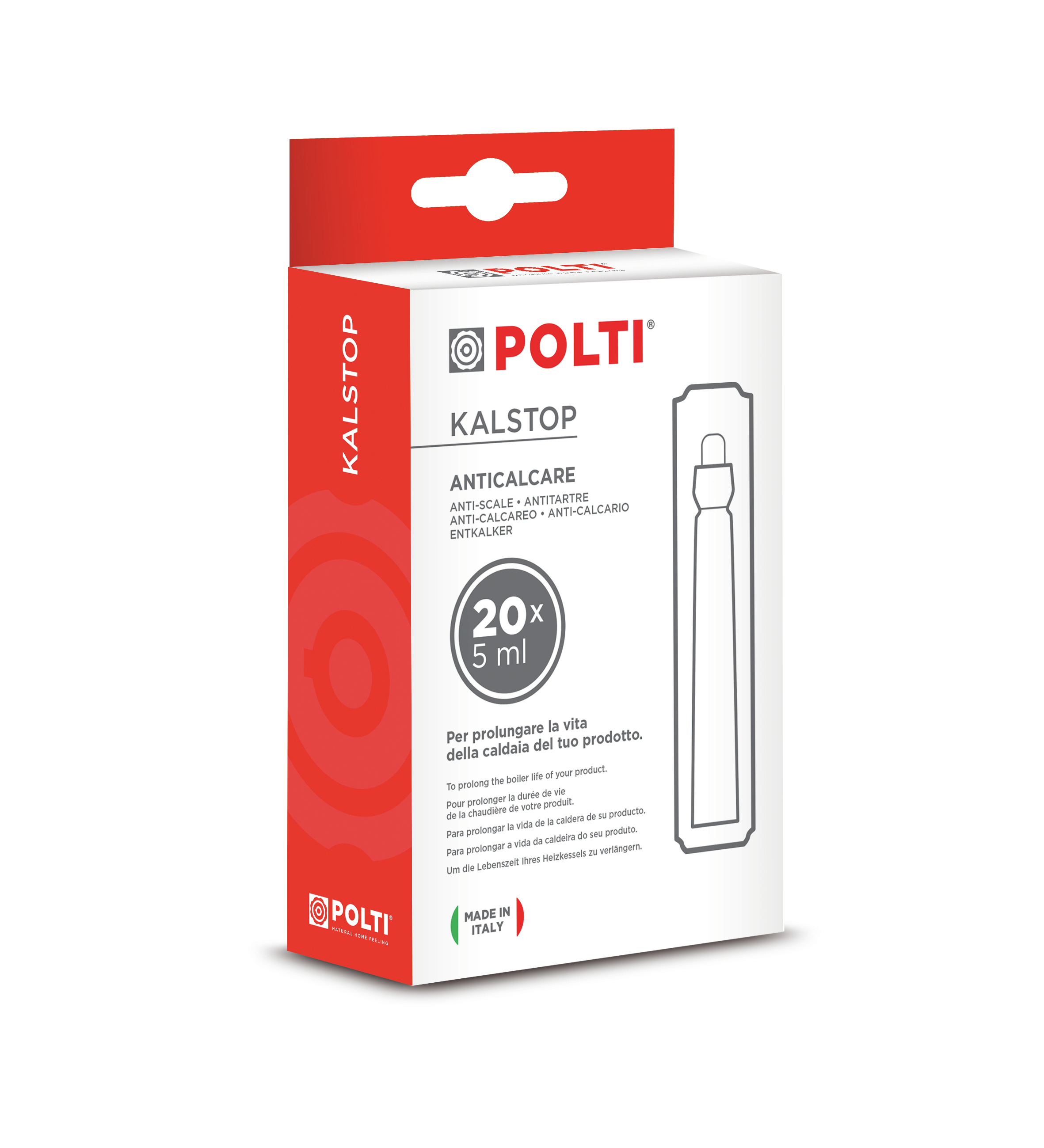 Weiße und rote Box für Kalstop Entkalker. Enthält 20x5ml. Mit Polti-Logo und Text in mehreren Sprachen.