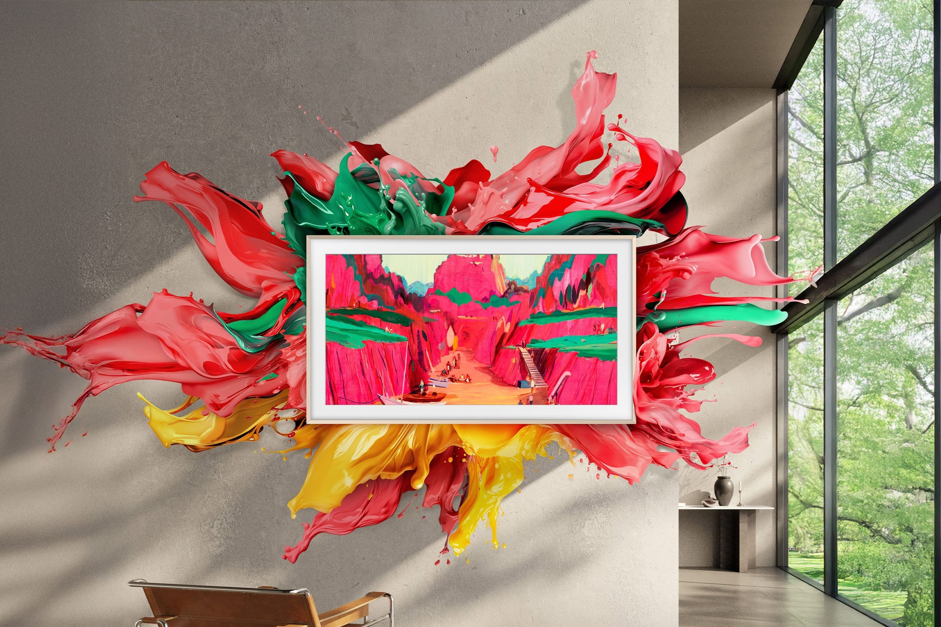 Obraz w ramie z kanionem otoczony jest kolorowymi plamami farby na szarej ścianie. Okno ukazuje drzewa.