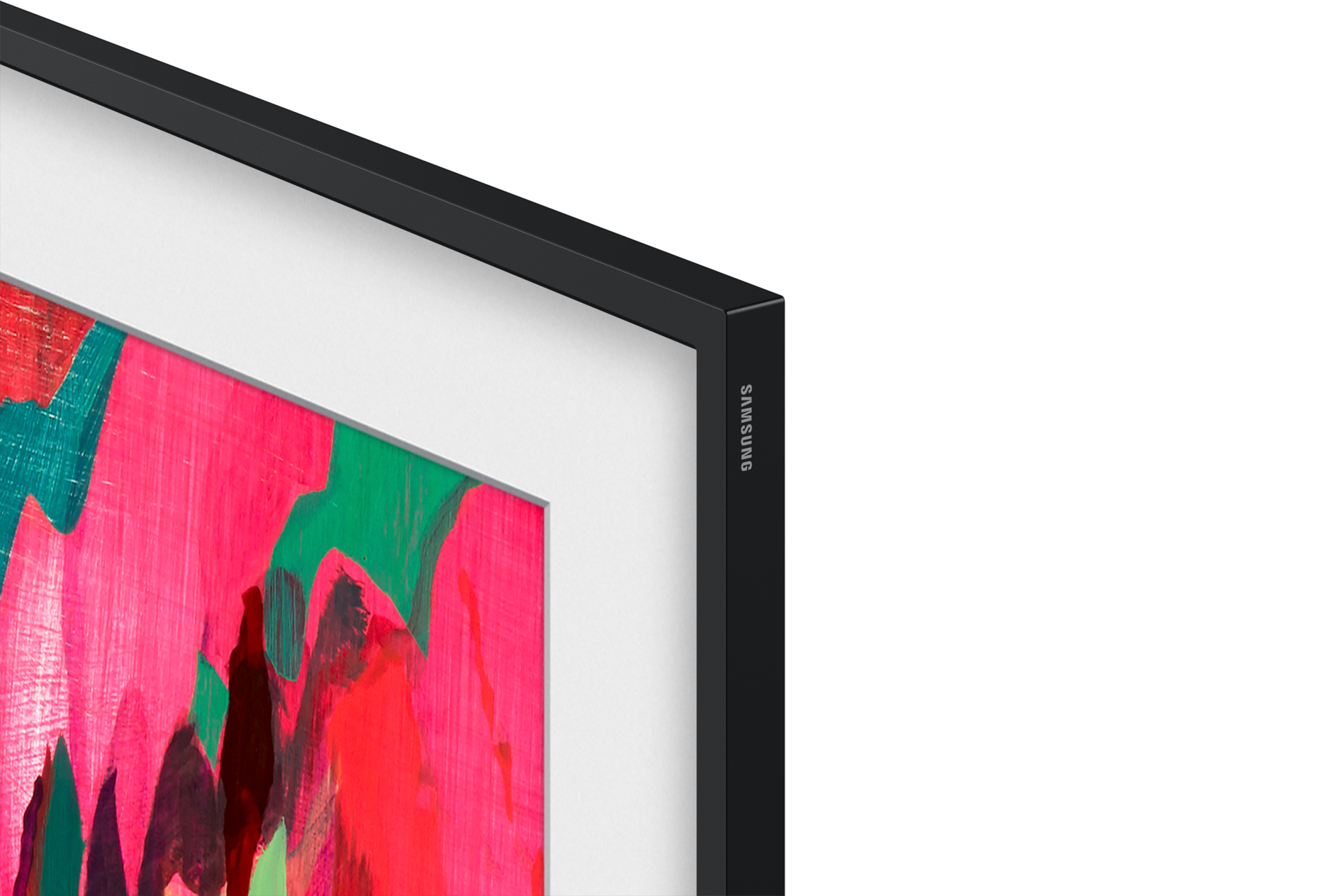 Zbliżenie telewizora z czarną ramą. Ekran wyświetla abstrakcyjny obraz w kolorach czerwonym, zielonym i brązowym.