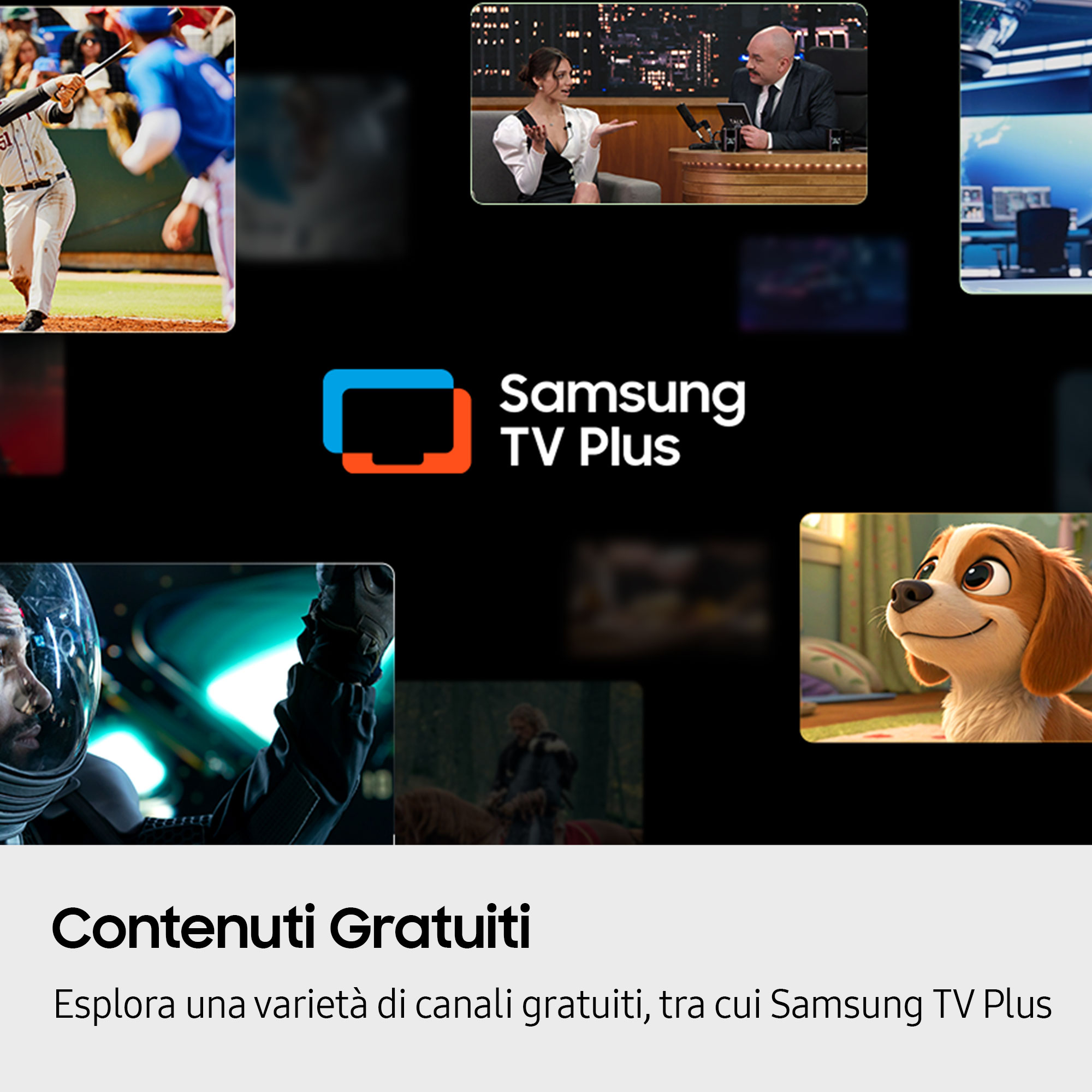 Obraz przedstawia scenę baseballową, talk-show, newsroom, astronautę, scenę średniowieczną i animowanego psa.