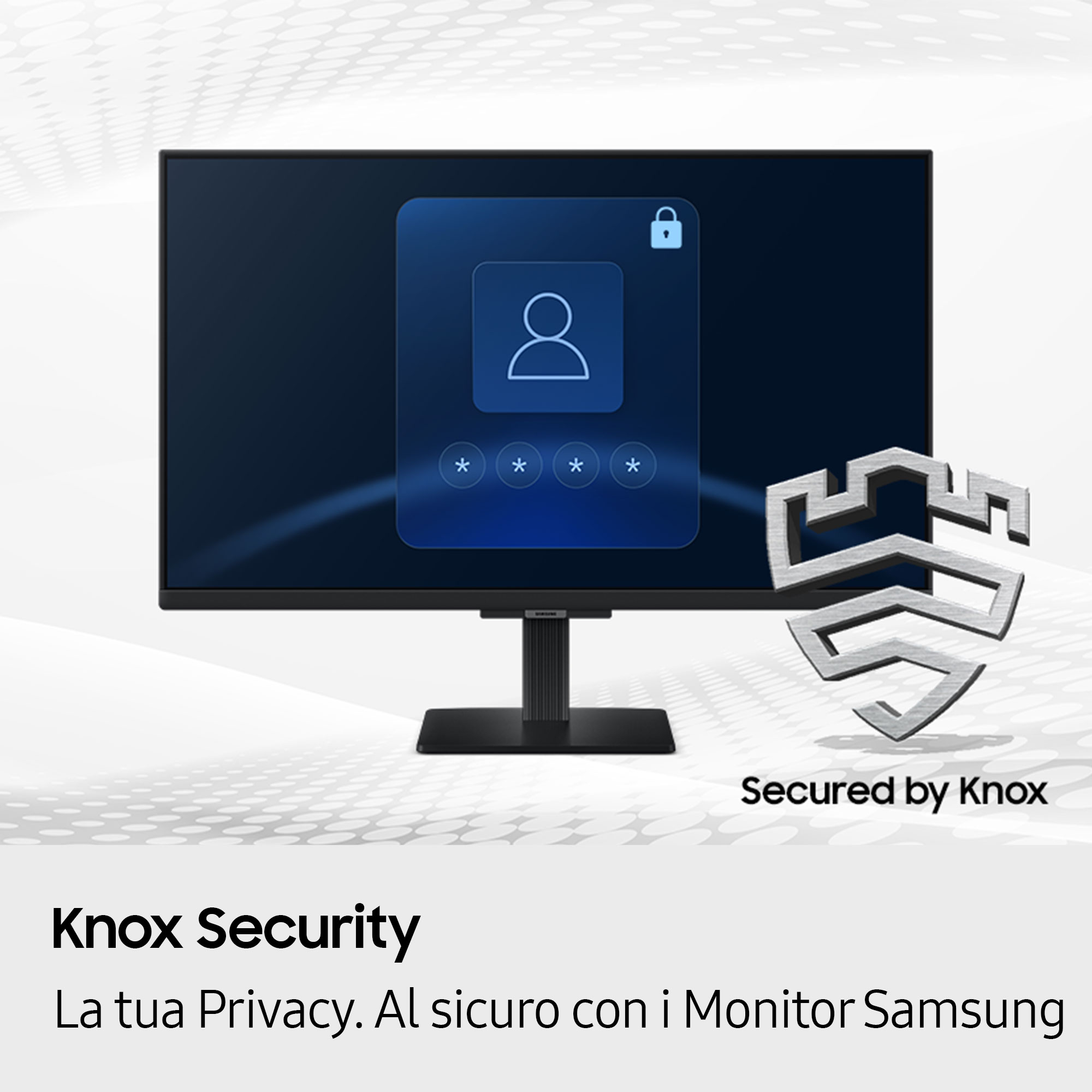 Monitor wyświetlający ikonę kłódki i osoby z tekstem "Knox Security". Obecne jest logo Secured by Knox.