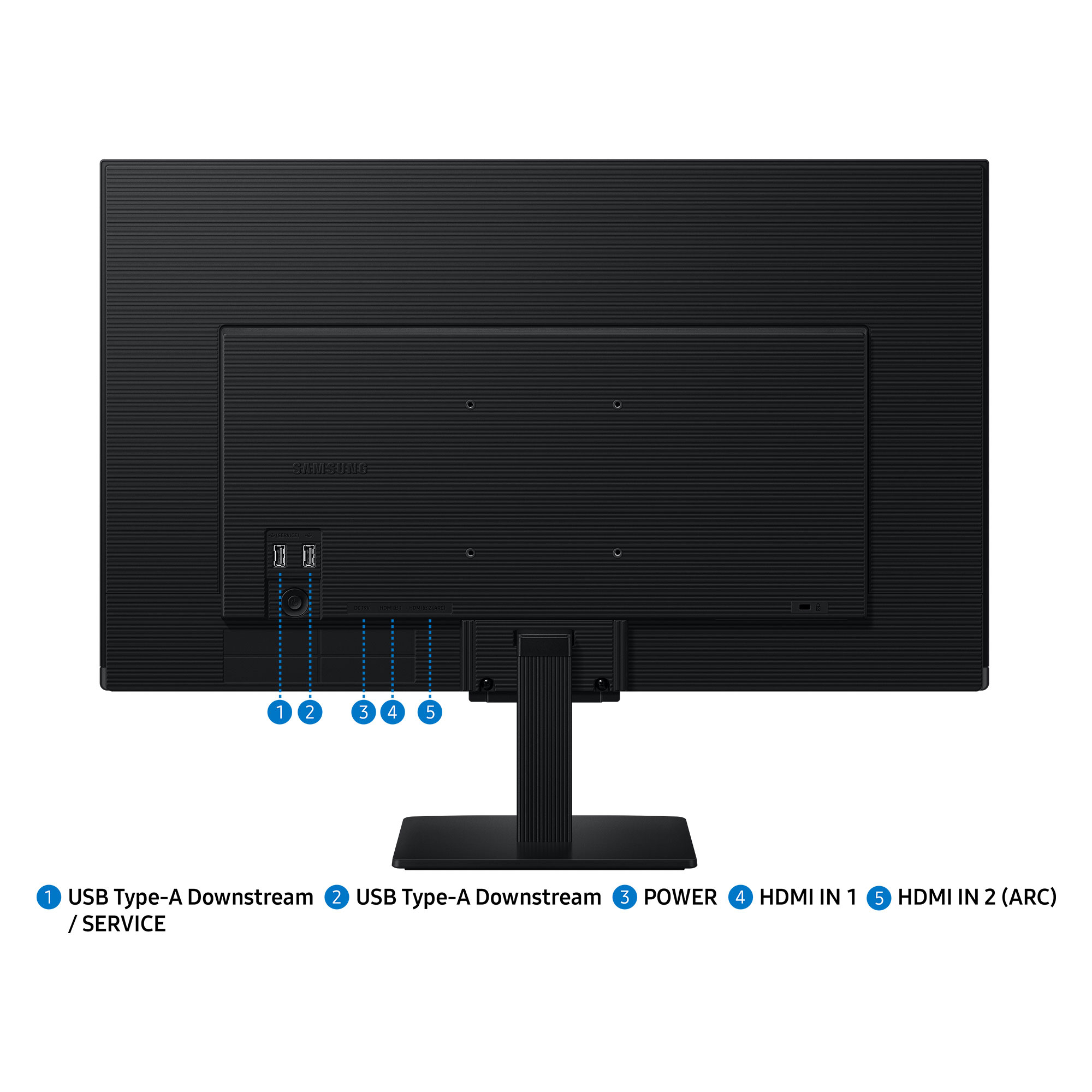 Tył czarnego monitora Samsung z oznaczonymi portami. Zawiera porty USB, HDMI i zasilania. Monitor jest podparty przez podstawkę.