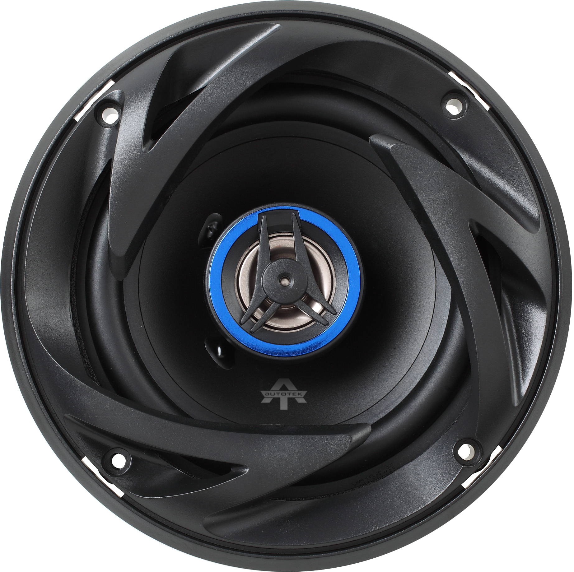 Schwarzer Lautsprecher mit blauem Ring und zentralem Element. Der Lautsprecher hat ein einzigartiges Design.