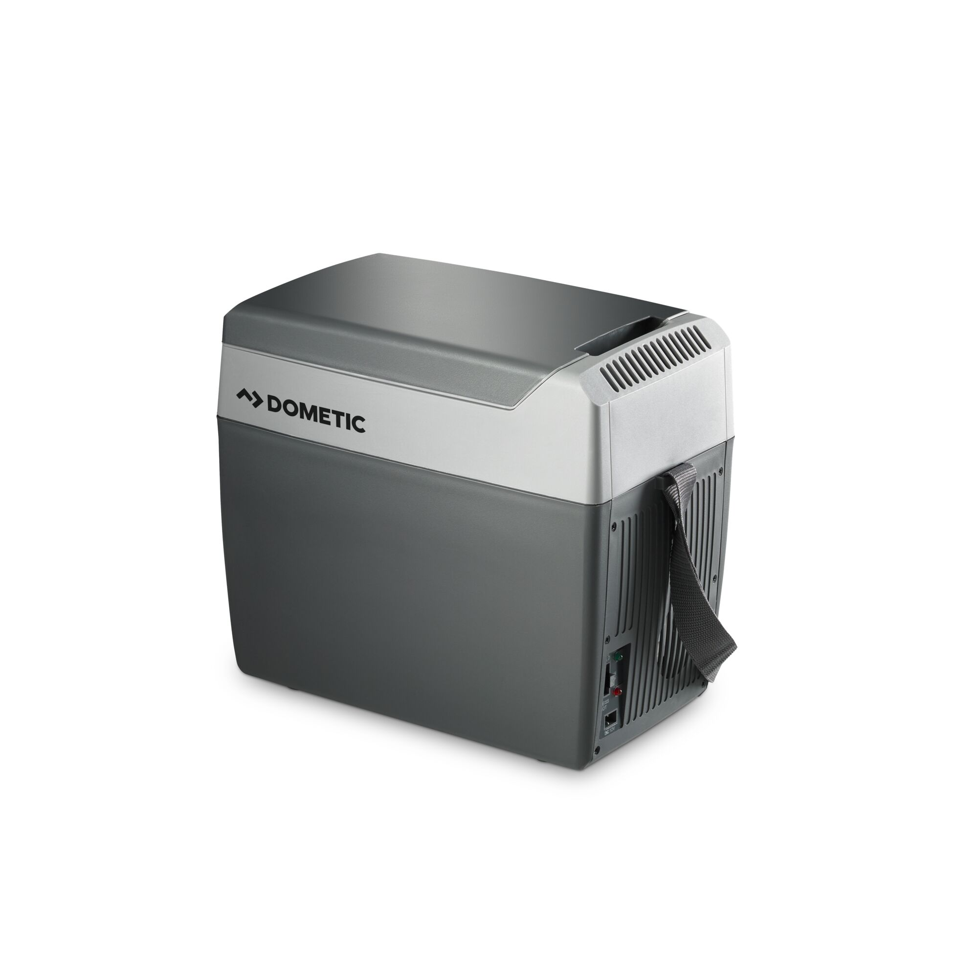 Graue Dometic-Kühlbox auf weißem Hintergrund. Es hat einen Griff und Belüftungsöffnungen.